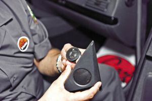 Mount the external Kicker crossover to an open area inside the door, connect speaker cables from the coaxial and tweeter and reinstall the door skin