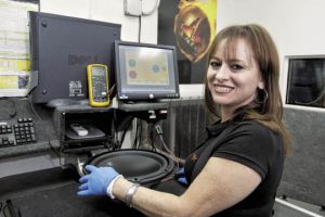 One of many quality control stations – an acoustic test ensures proper operation and can detect foreign particles or misalignment of any component.