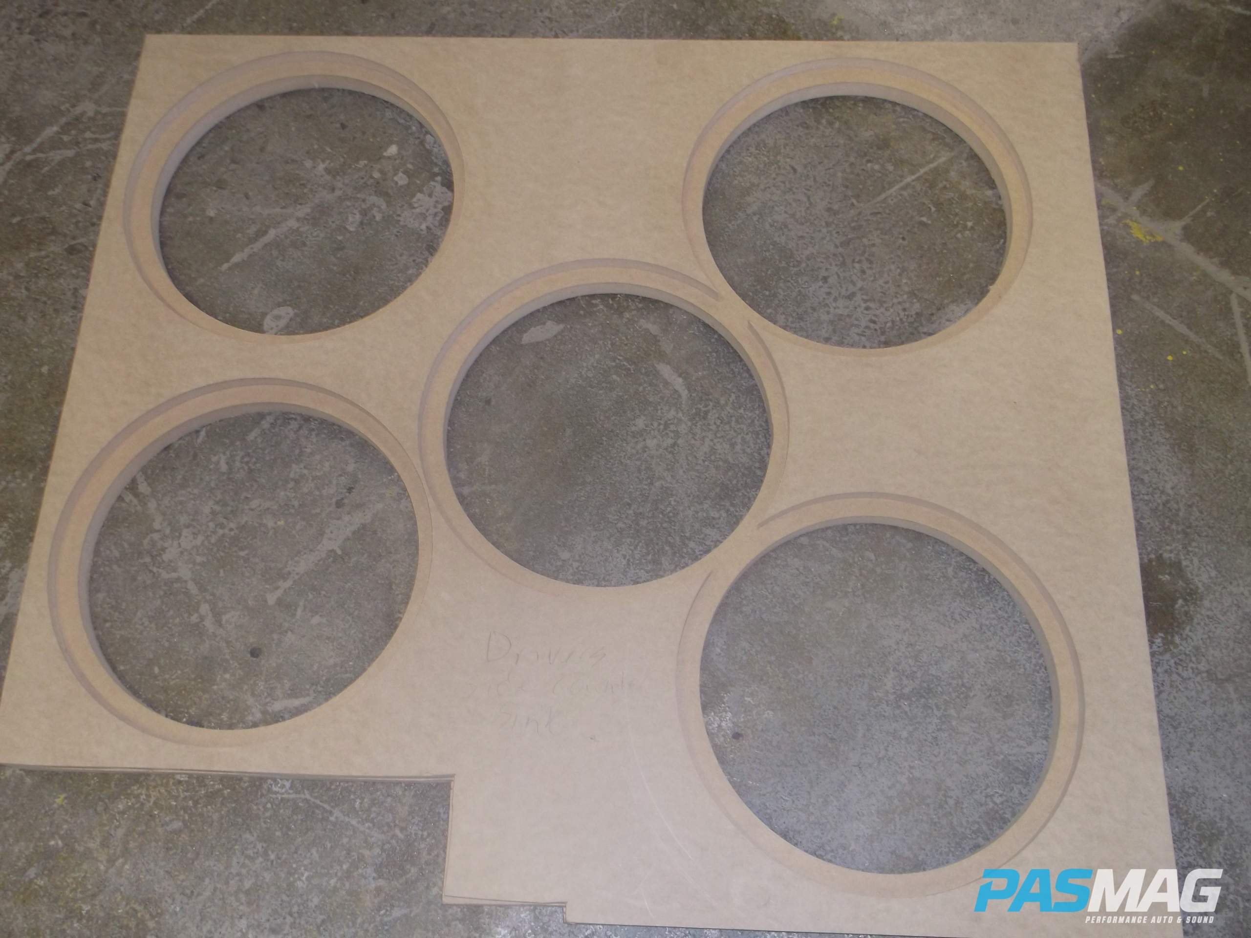 The final layer of driver's side baffle showing the counter-sunk sub holes.