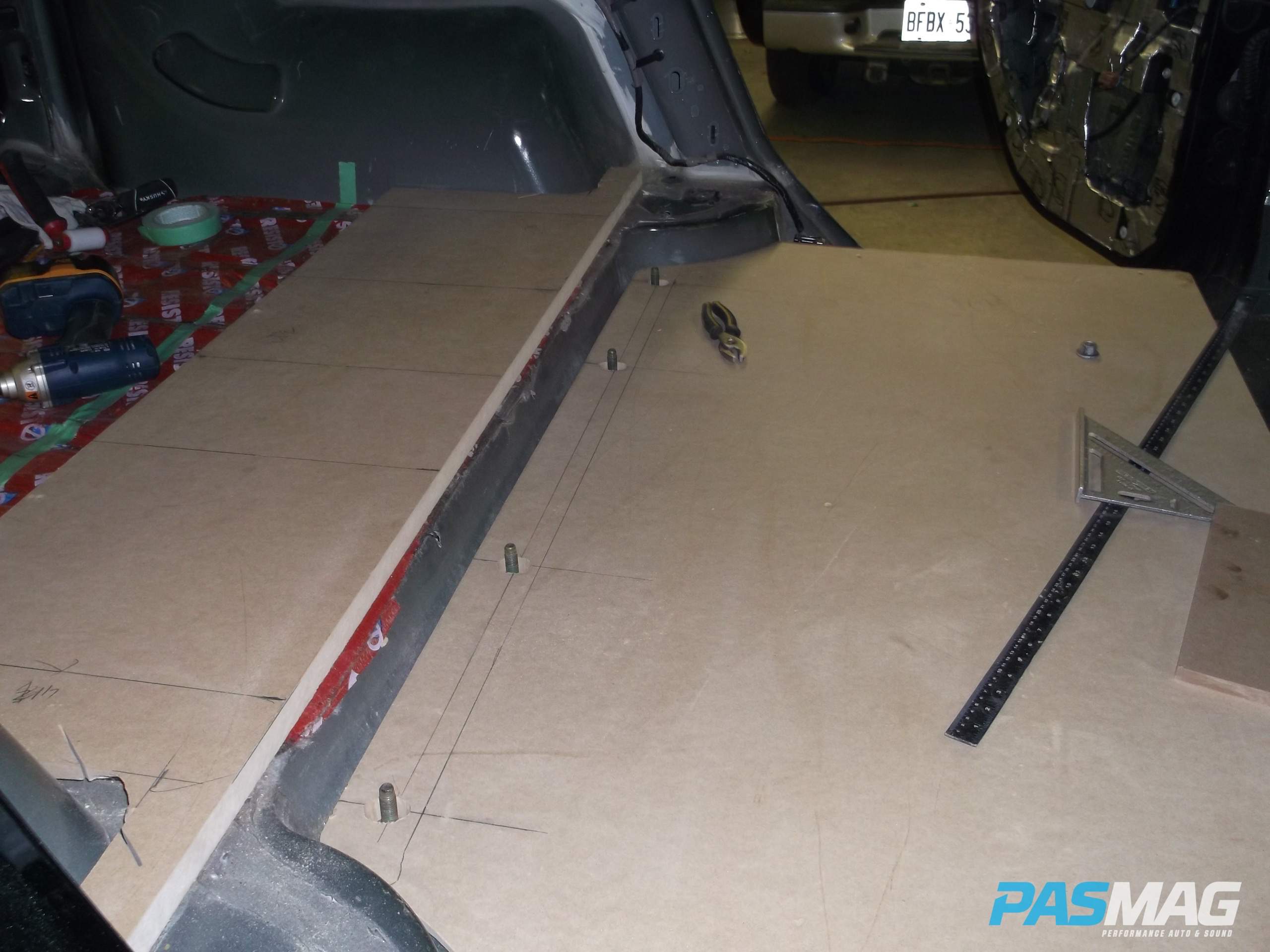 First, the floor sheet is installed utilizing stock seat bolts.