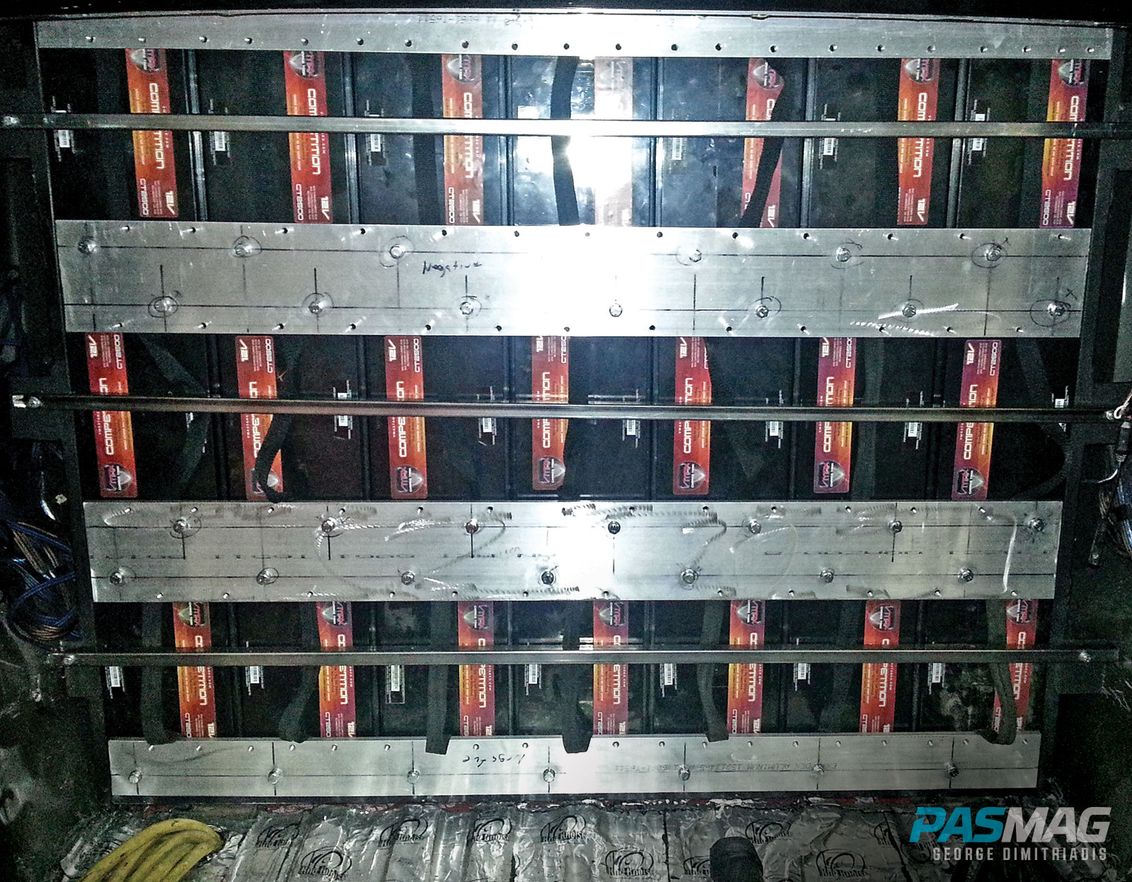 Custom buss bars fitted on the battery bank.
