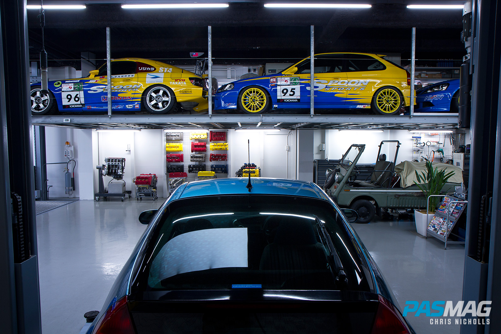 Spoon Sports Type One Garage Shop Tour PASMAG Honda Insight looking towards S2000 Civic and Integra Type R race cars