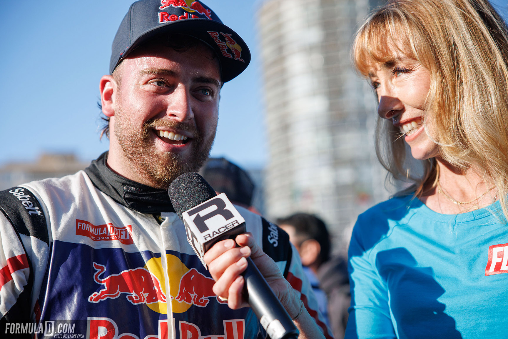 Conor Shanahan being interviewed after his win at Formula DRIFT Long Beach.