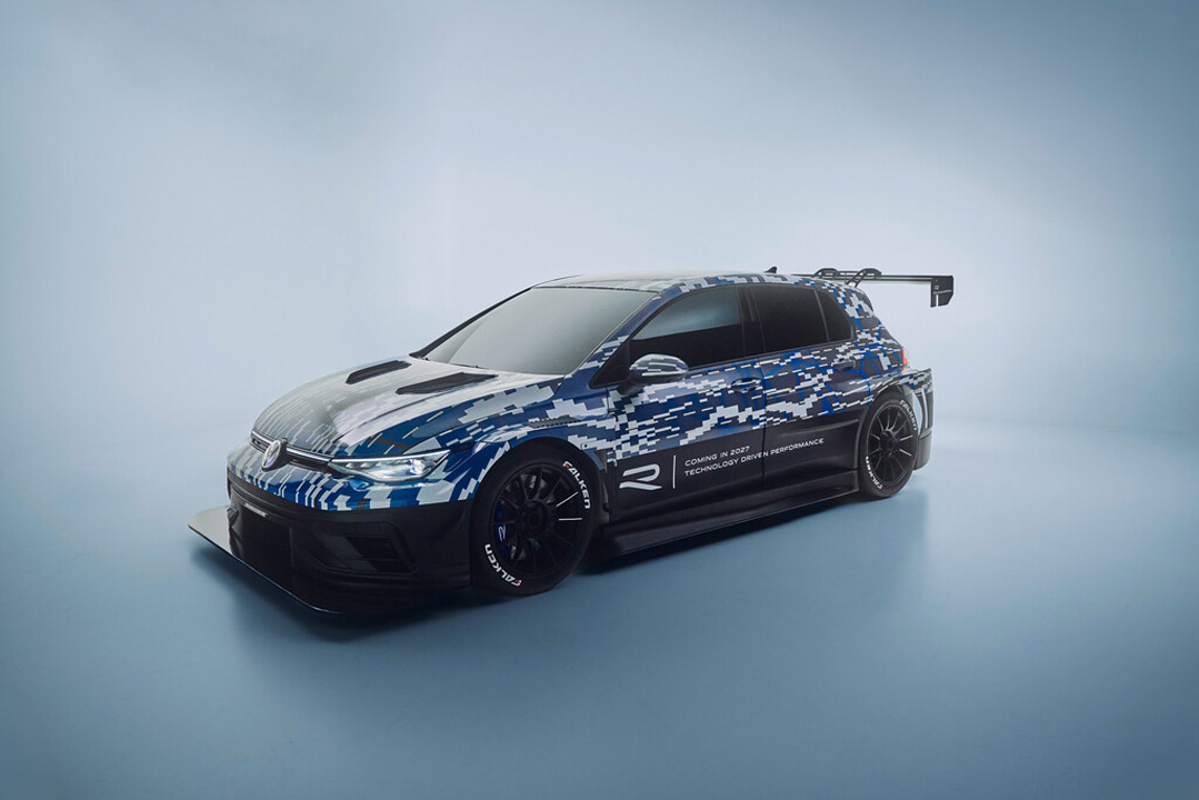 Camouflaged Volkswagen Golf R 24H race car concept shown from the front side angle with widebody aero, black wheels, and a large rear wing.