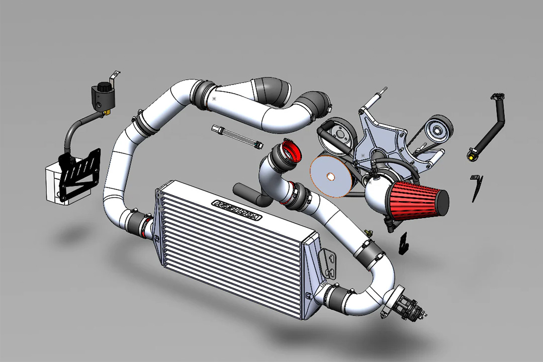 Exploded diagram view of the Vortech supercharger tuner kit components for the 2024-2026 Ford Mustang GT.