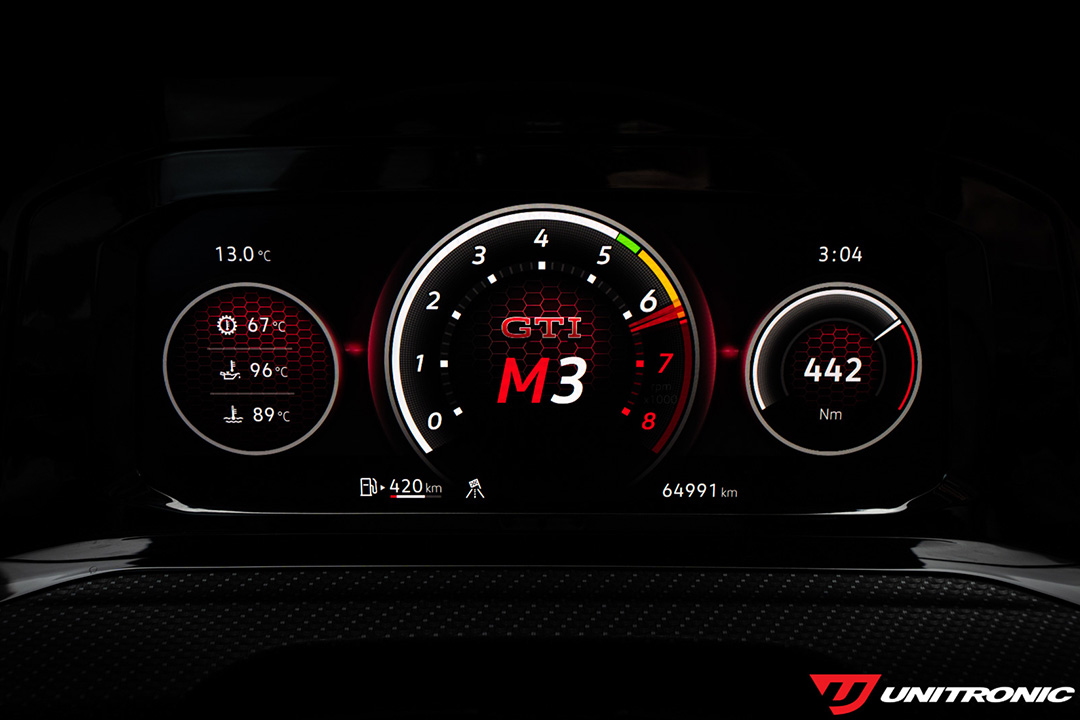 Volkswagen GTI Virtual Cockpit display showing Unitronic’s Rainbow Shift Light feature across the tachometer.