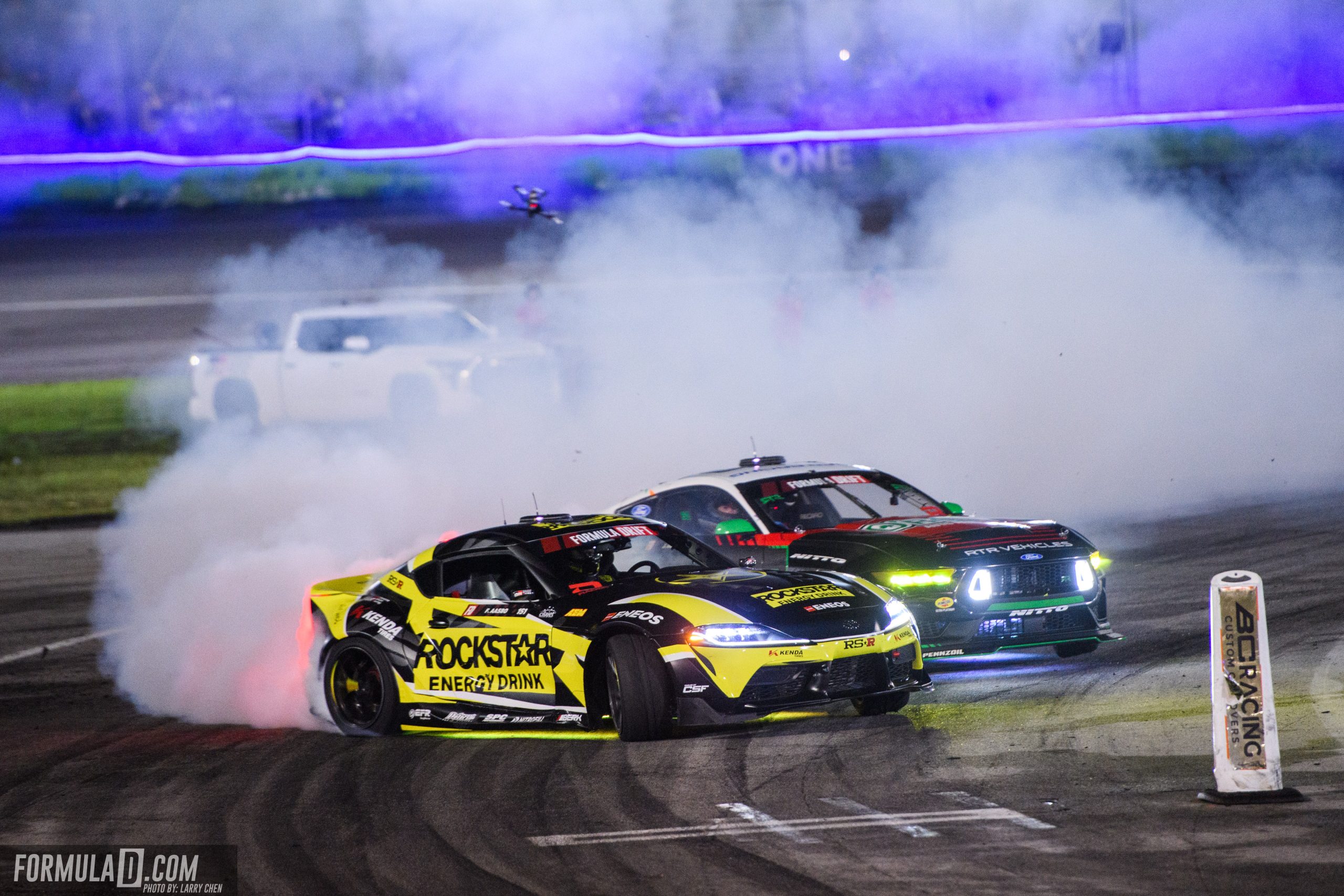 Fredric Aasbo leads James Deane during a Formula Drift Orlando battle at Orlando Speed World.