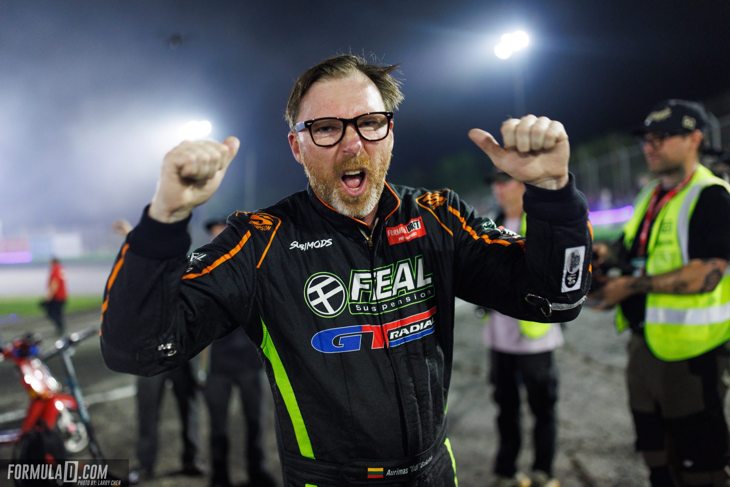 Aurimas “Odi” Bakchis celebrates his Formula Drift Orlando victory after winning Round 3 at Orlando Speed World.