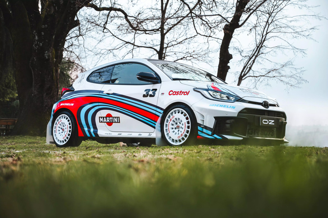 Toyota GR Yaris with rally-inspired livery fitted with white OZ Racing RR40 wheels.