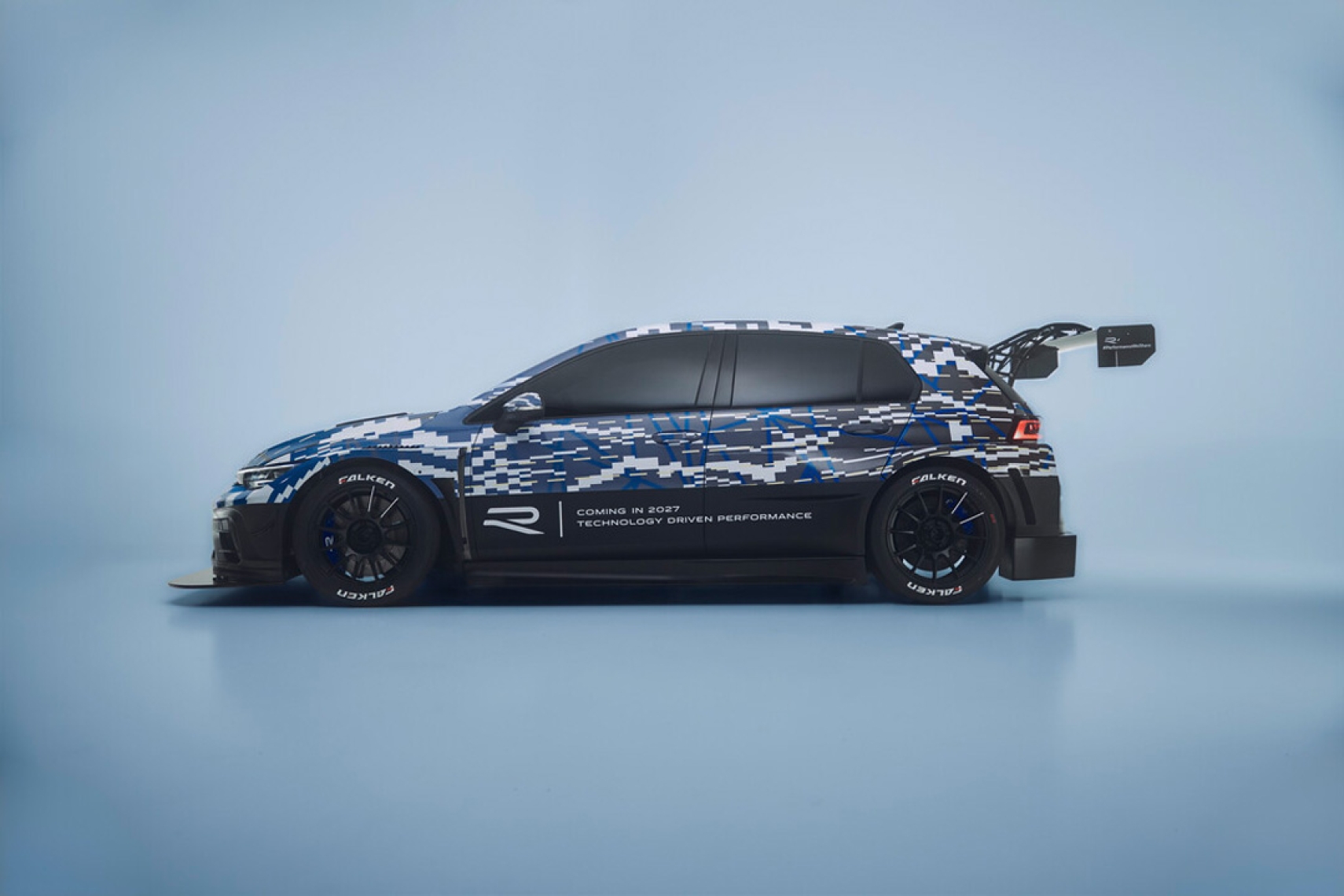 Camouflaged Volkswagen Golf R race car concept shown in side profile ahead of its planned Nürburgring 24-hour race entry.