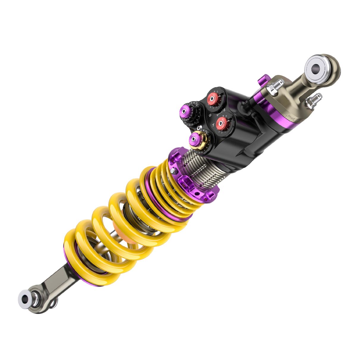 KW Racing V7 adjustable damper with yellow spring, purple hardware, and external adjustment controls on a white background.