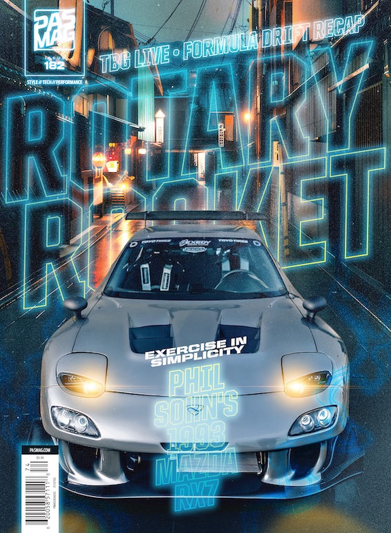 Back cover of PASMAG Issue #182 featuring a rainy night-themed layout with a Mazda RX-7 cover car and Tuner Battlegrounds Live and Formula Drift recap artwork.