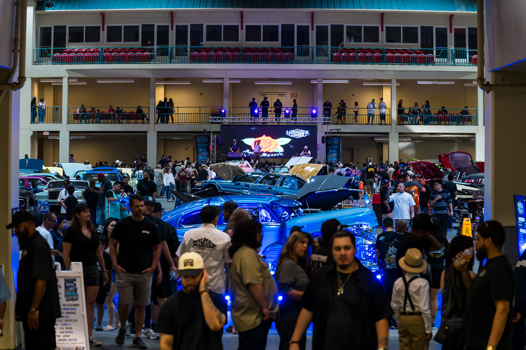 Crowd walking through the show floor during Lowrider Super Show Charlotte 2026 at Cabarrus Arena & Events Center.