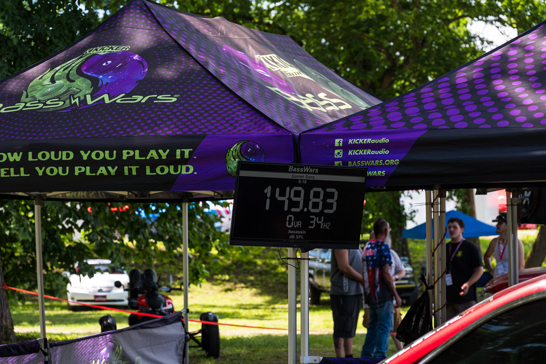 Bass Wars car audio competition score display during Slamology 2026 at Edgewater Sports Park.