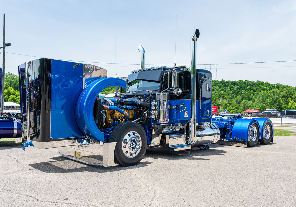 Blue custom semi-truck on display during the Big Rig Round Up at Slamology 2026 at Edgewater Sports Park.
