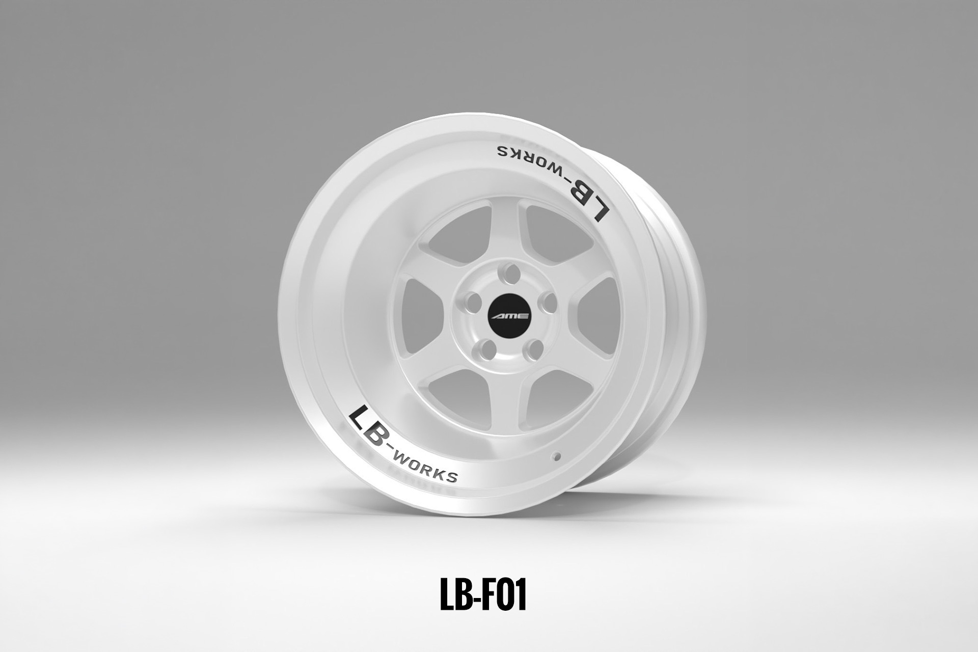 Liberty Walk LB-F01 cast one-piece wheel shown in white with LB-WORKS branding.