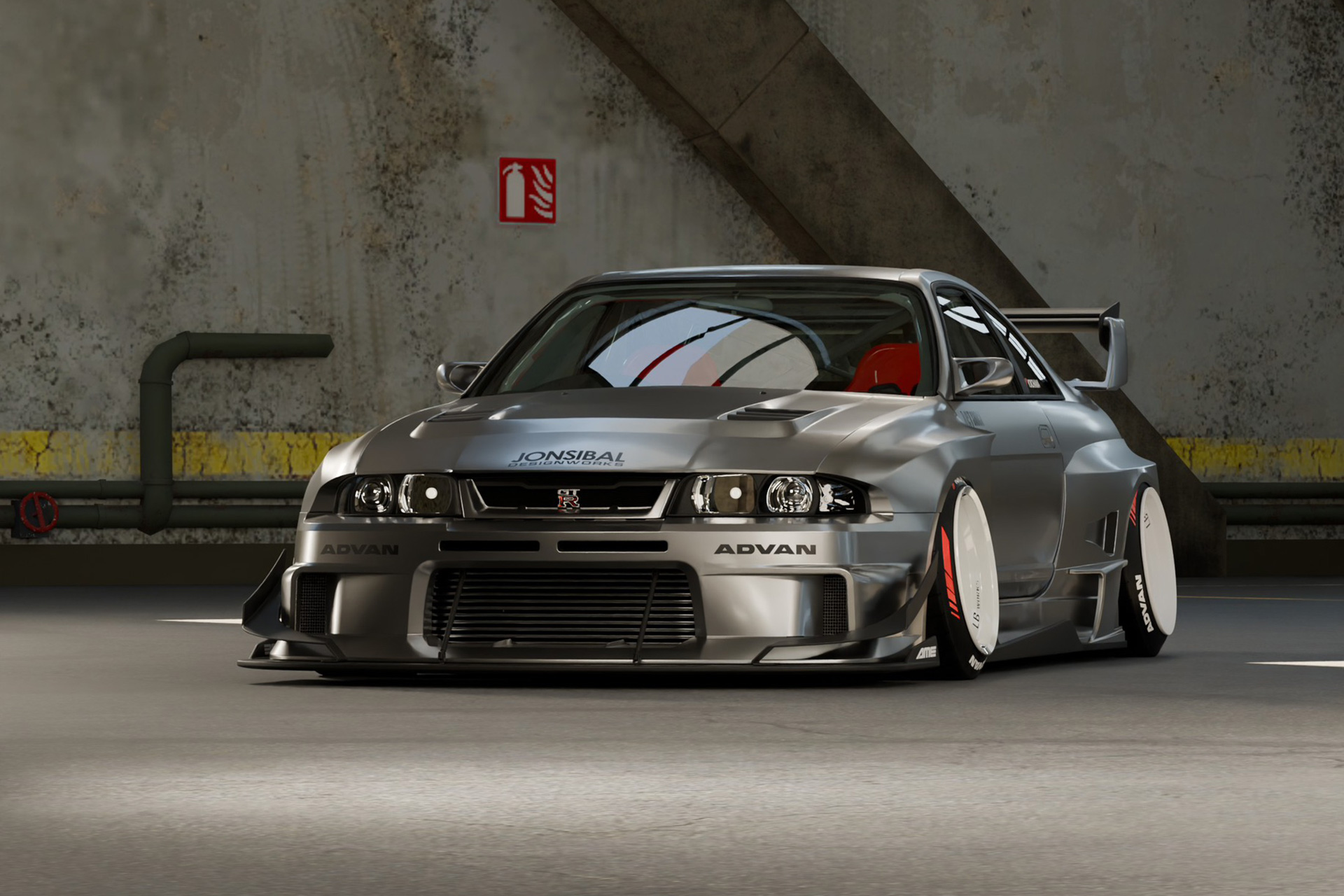 Liberty Walk LB-Silhouette WORKS GT Nissan Skyline GT-R R33 shown from the front with widebody fenders, front bumper, canards, and low stance.