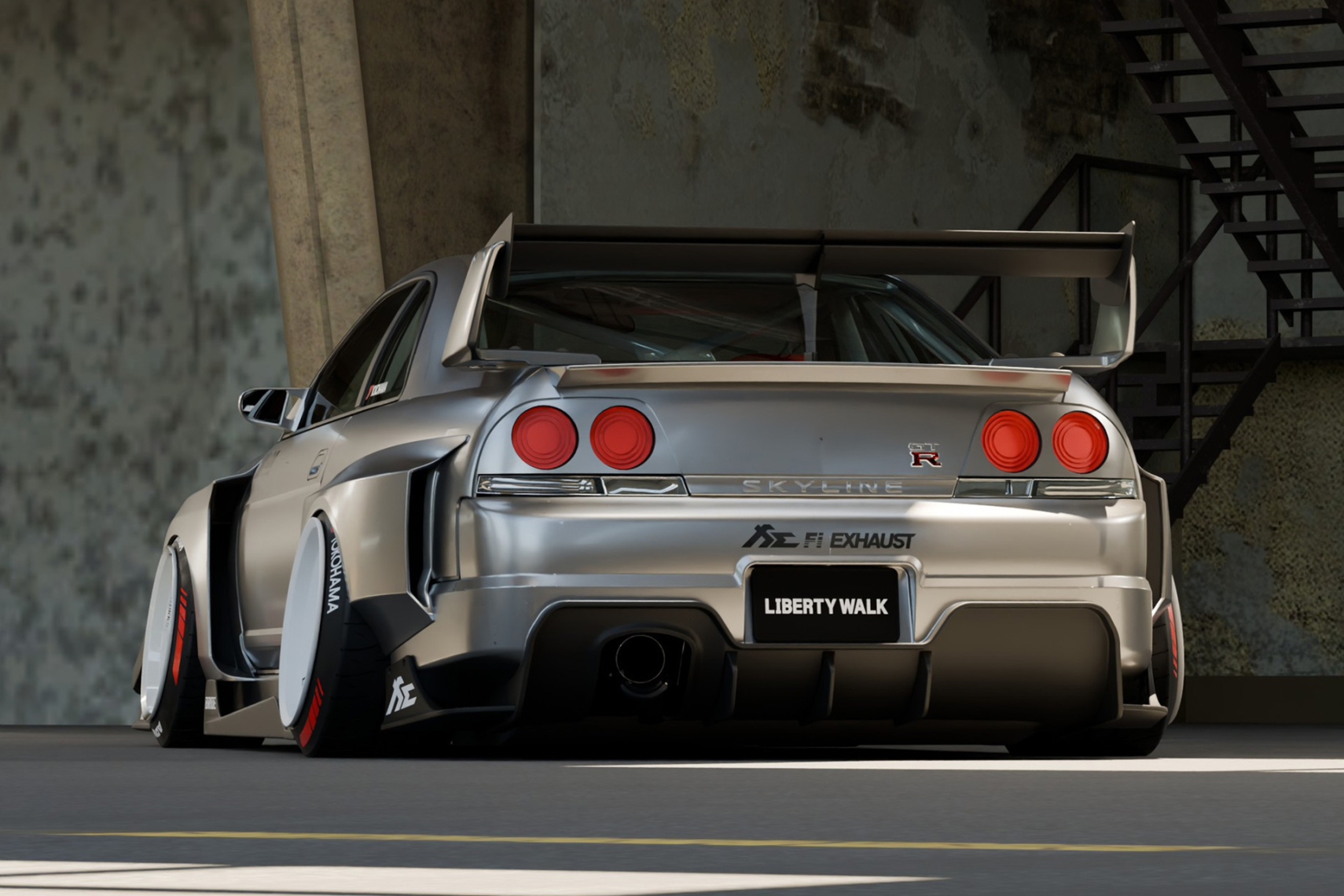 Liberty Walk LB-Silhouette WORKS GT Nissan Skyline GT-R R33 shown from the rear with widebody aero, large rear wing, and rear diffuser.