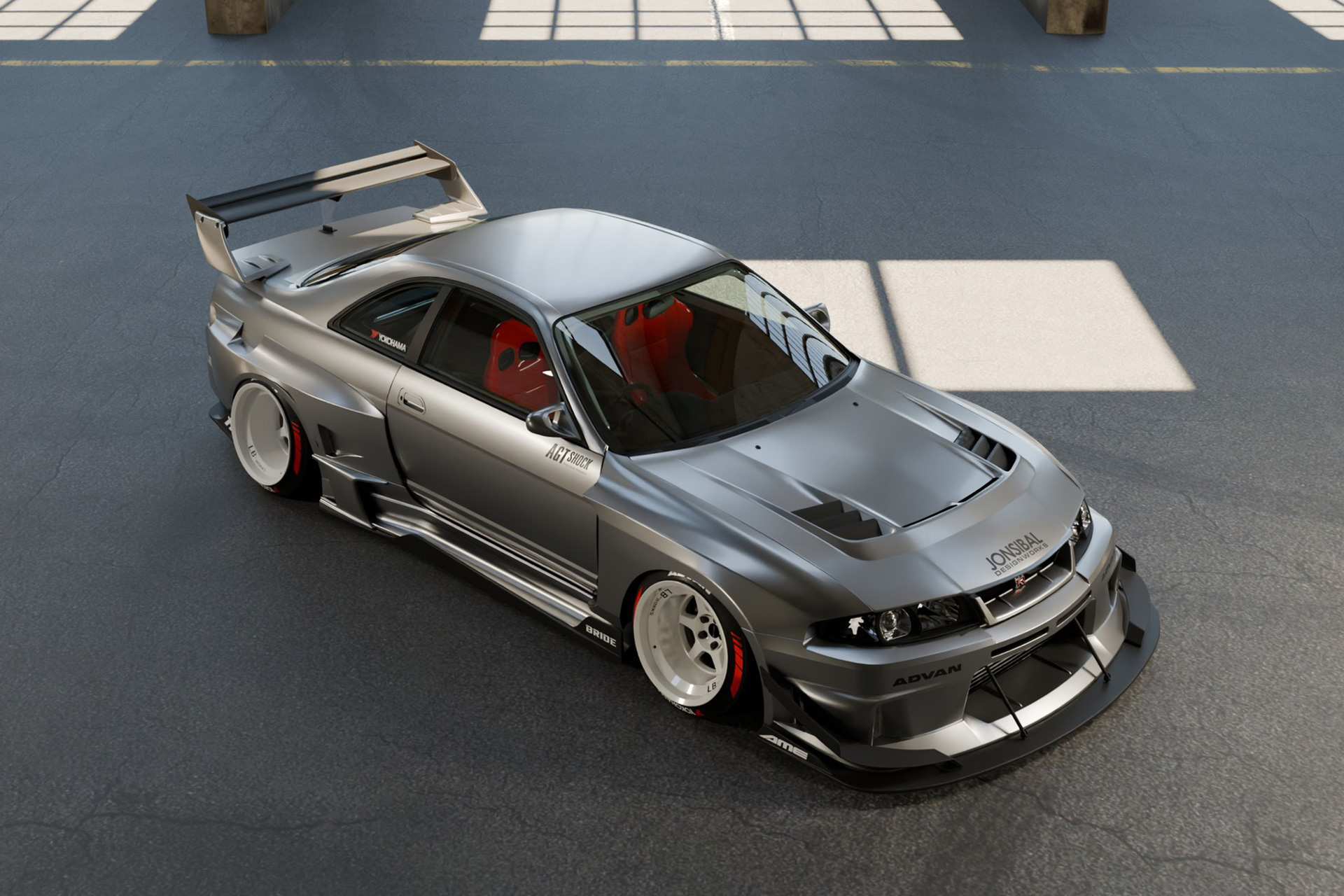 Liberty Walk LB-Silhouette WORKS GT Nissan Skyline GT-R R33 shown from above with widebody aero, vented hood, front splitter, rear wing, and low stance.