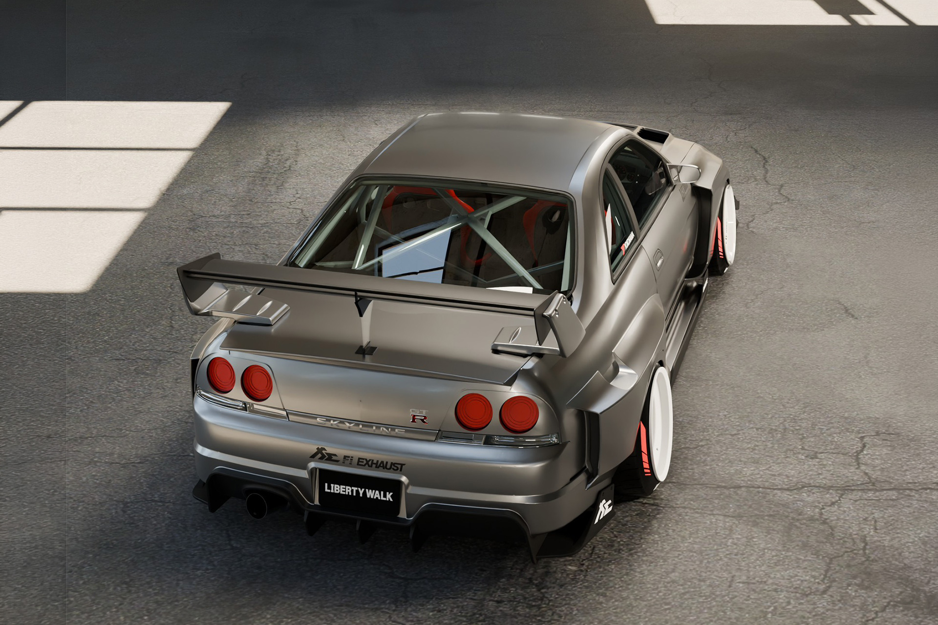 Liberty Walk LB-Silhouette WORKS GT Nissan Skyline GT-R R33 shown from above at the rear with widebody fenders, rear wing, and rear diffuser.