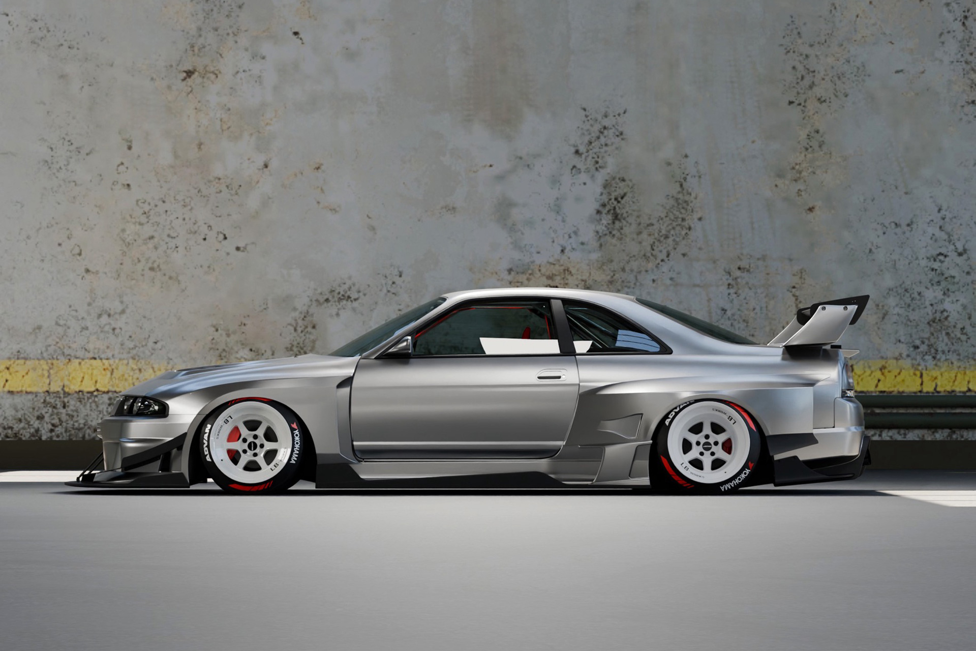 Liberty Walk LB-Silhouette WORKS GT Nissan Skyline GT-R R33 shown in full side profile with widebody fenders, deep aero, rear wing, and low stance.