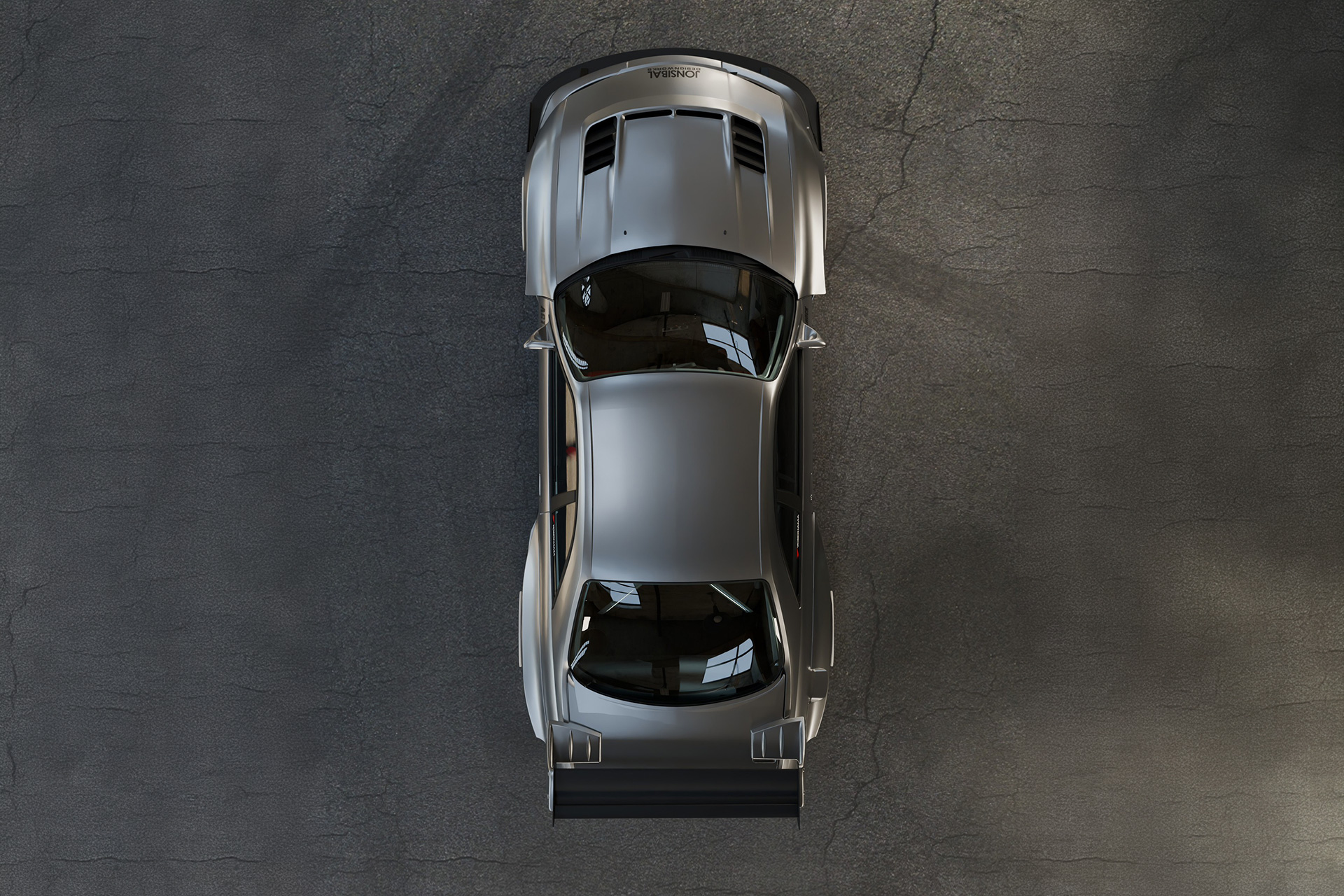 Top-down view of the Liberty Walk LB-Silhouette WORKS GT Nissan Skyline GT-R R33 showing the widebody fenders, vented hood, and large rear wing.