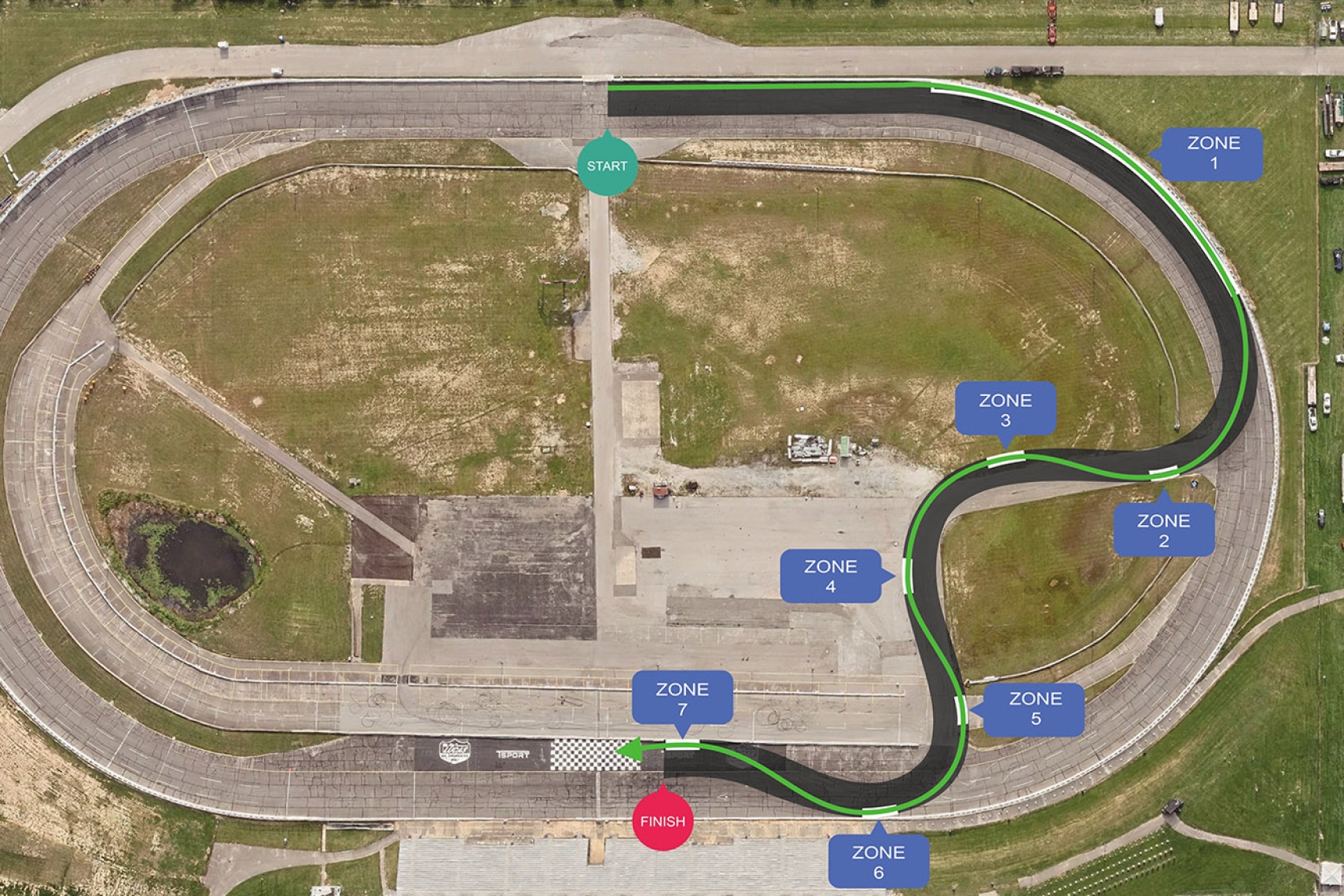 Formula DRIFT Indianapolis Raceway Park course layout map showing the revised drift course, start and finish points, and seven judged zones.