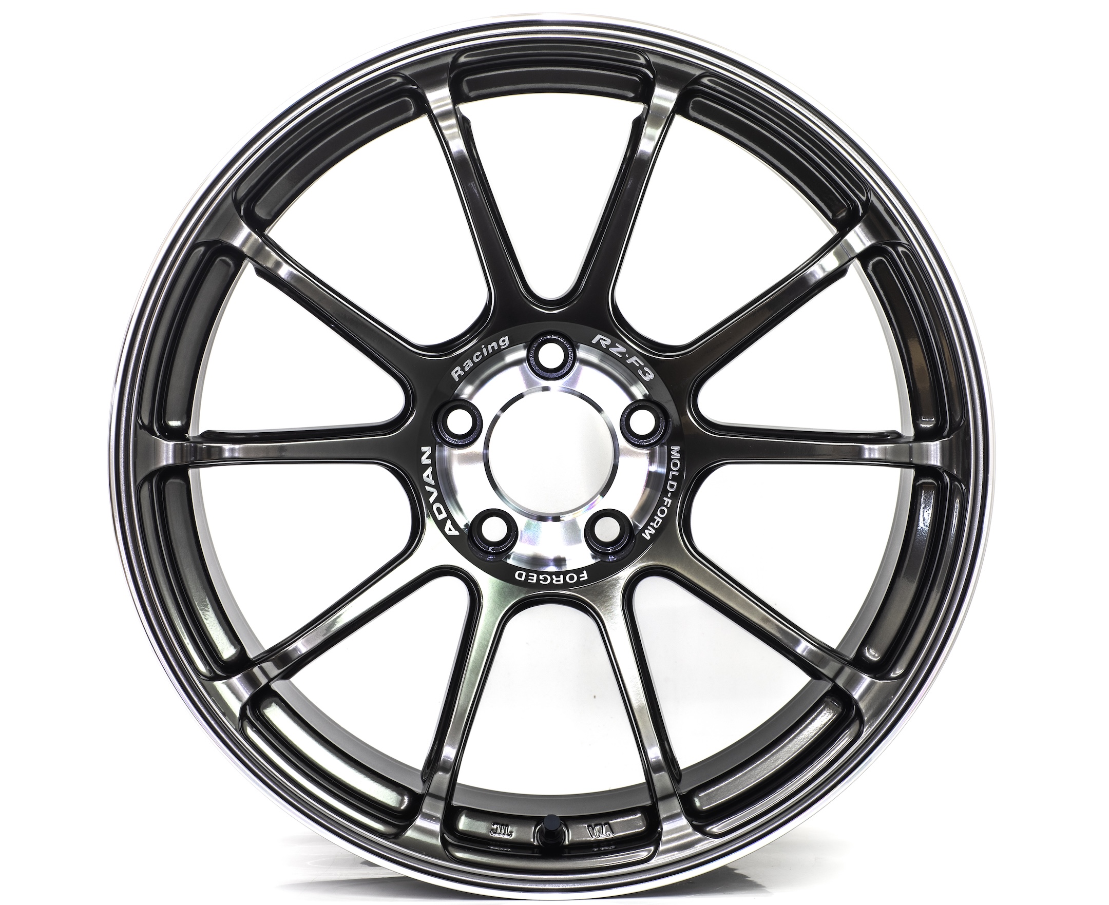 Front view of the ADVAN Racing RZ-F3 forged wheel showing the multi-spoke design, machined center section, and ADVAN Racing branding.