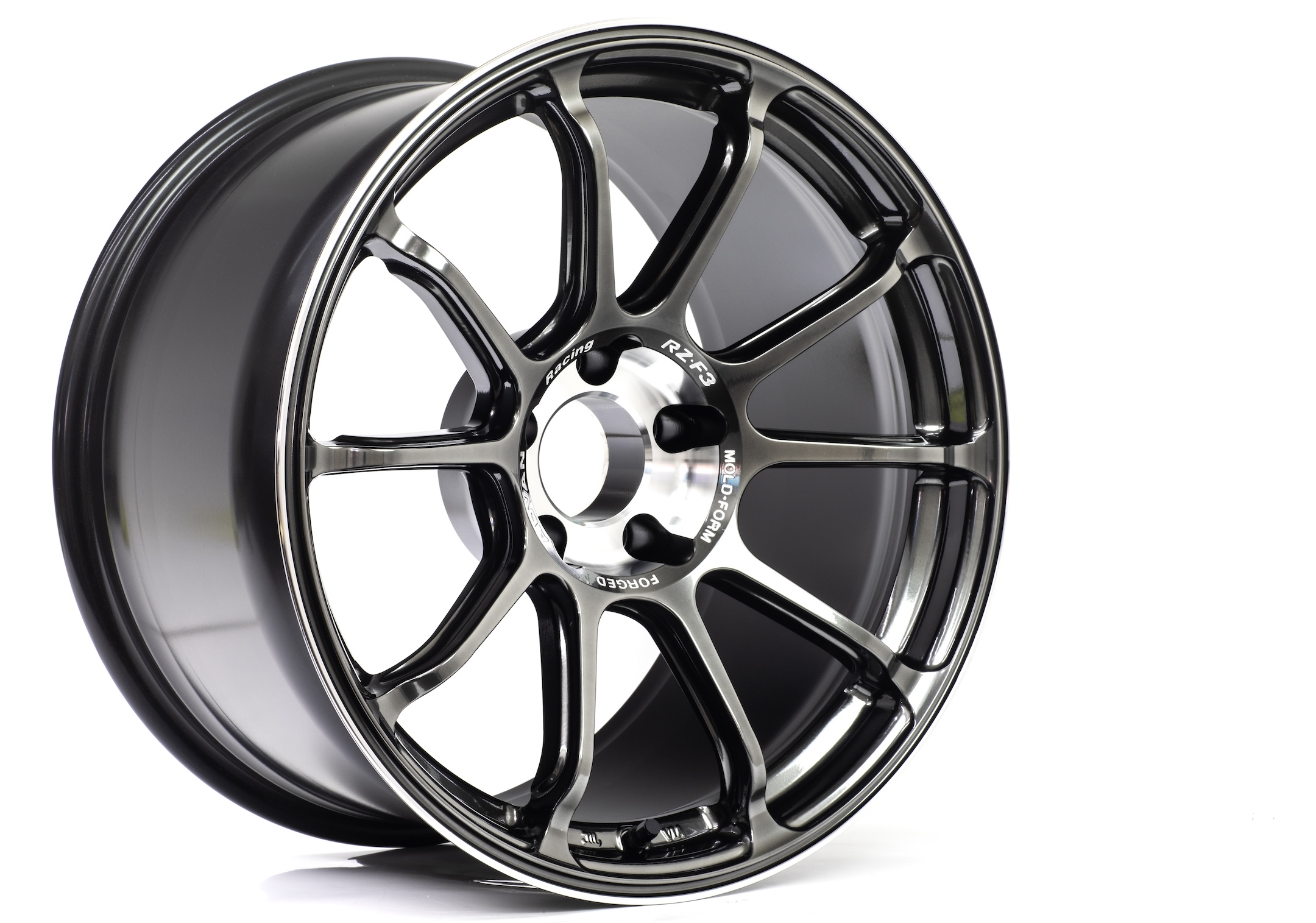ADVAN Racing RZ-F3 forged wheel shown in a full angled view with multi-spoke design and machined center section.