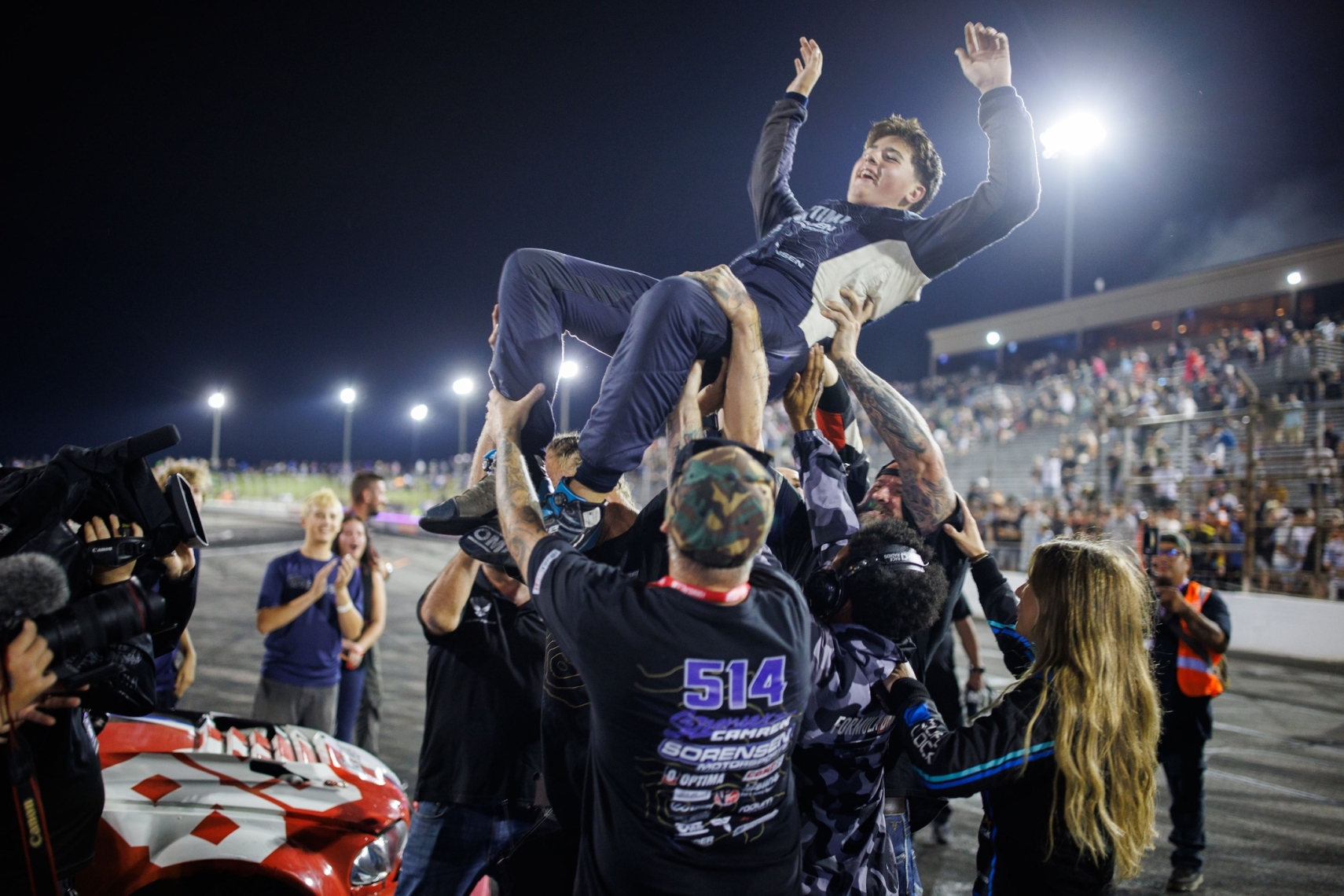 Camren Sorensen celebrates with his team after winning Formula DRIFT PROSPEC Round 3 at Lucas Oil Indianapolis Raceway Park in 2026.