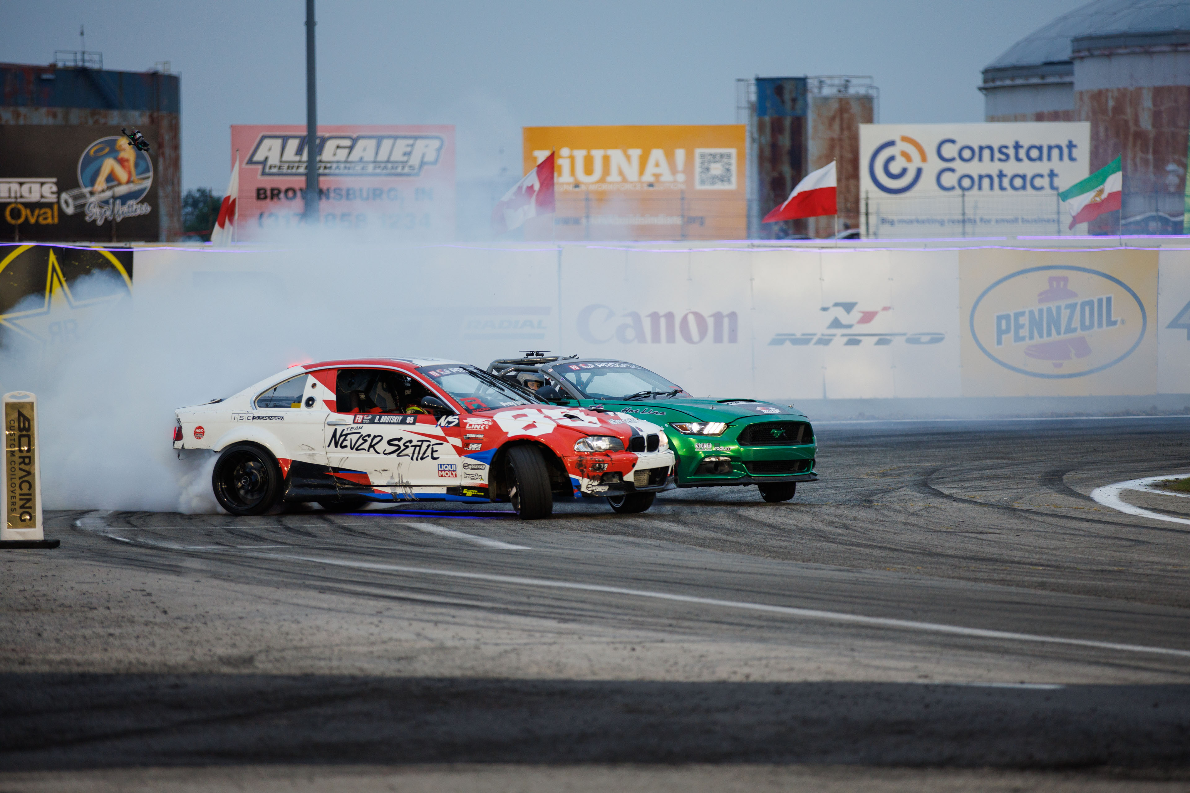 Dmitriy Brutskiy and Jason Webb battle during Formula DRIFT PROSPEC Round 3 at Lucas Oil Indianapolis Raceway Park in 2026.