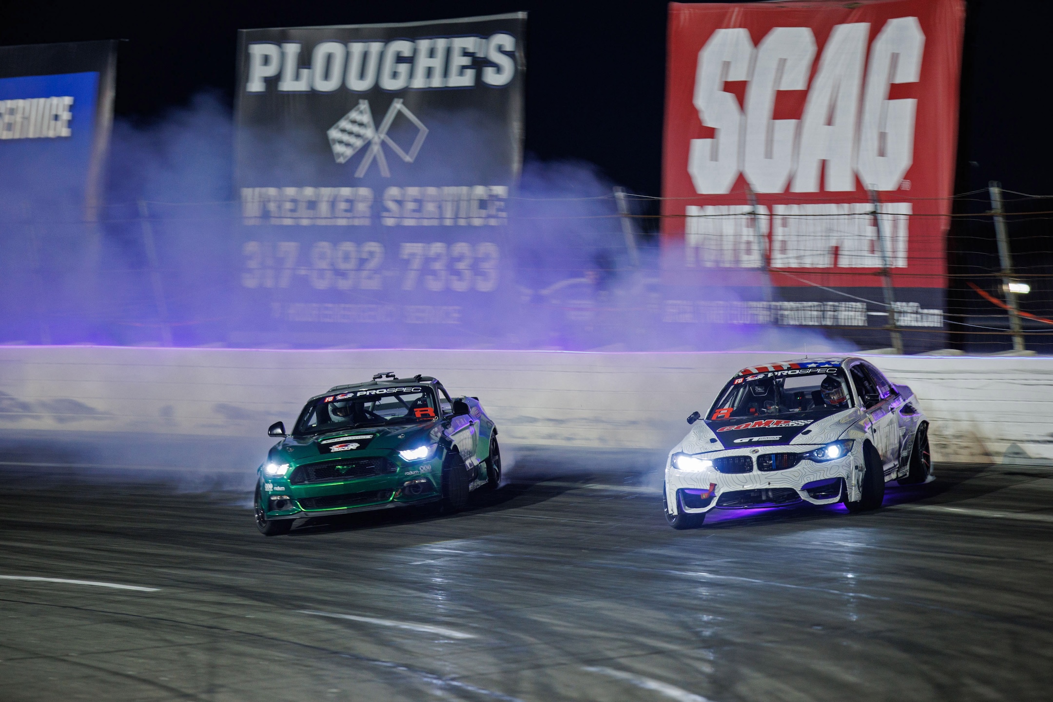Jason Webb and Camren Sorensen battle during the Formula DRIFT PROSPEC Round 3 Final at Lucas Oil Indianapolis Raceway Park in 2026.