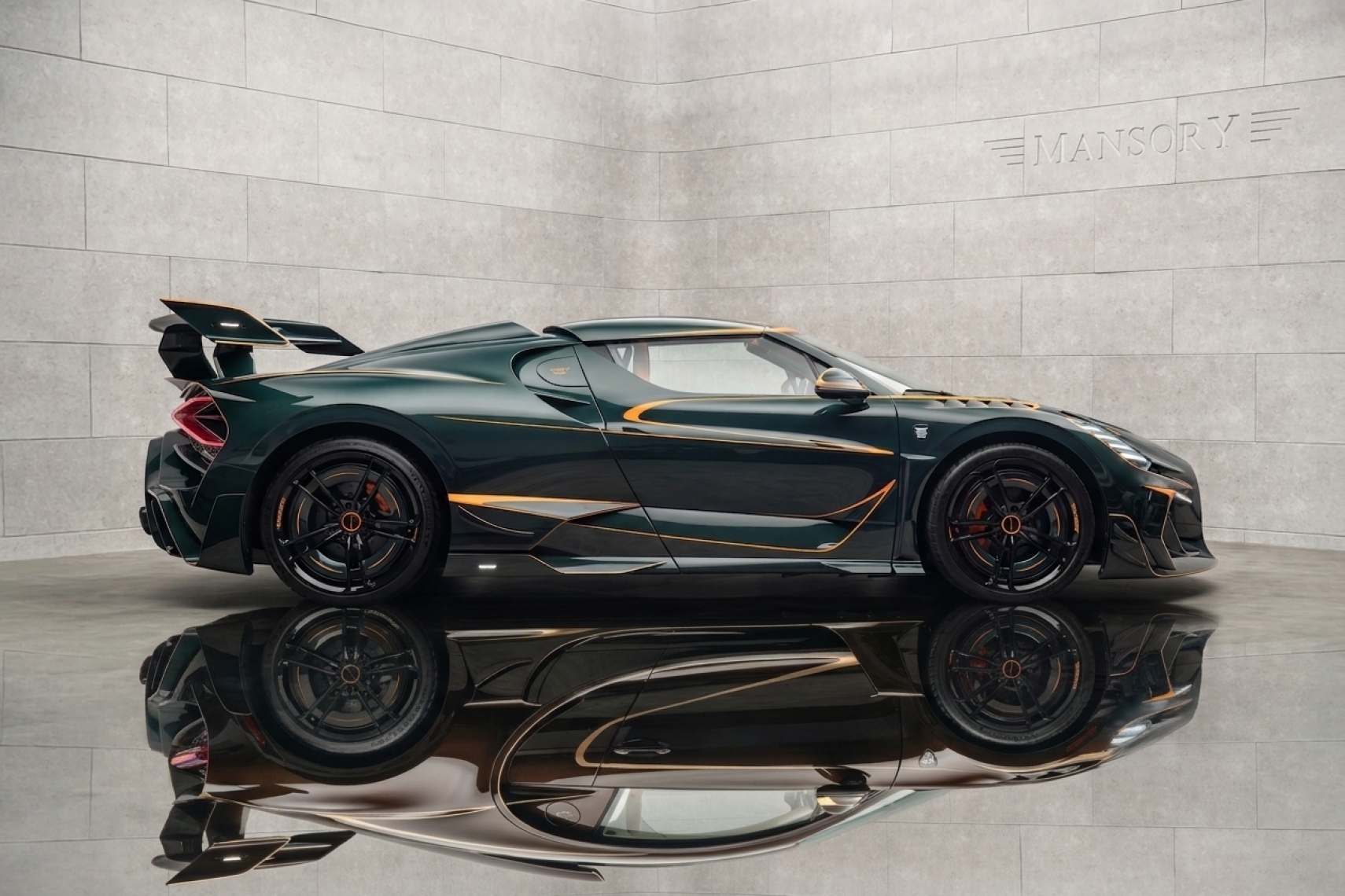 Illustration representing MANSORY’s Vincerò and Vivere Bugatti-based one-off hypercars for Pebble Beach, shown with dark green bodywork, gold accents, and a reflective studio floor.