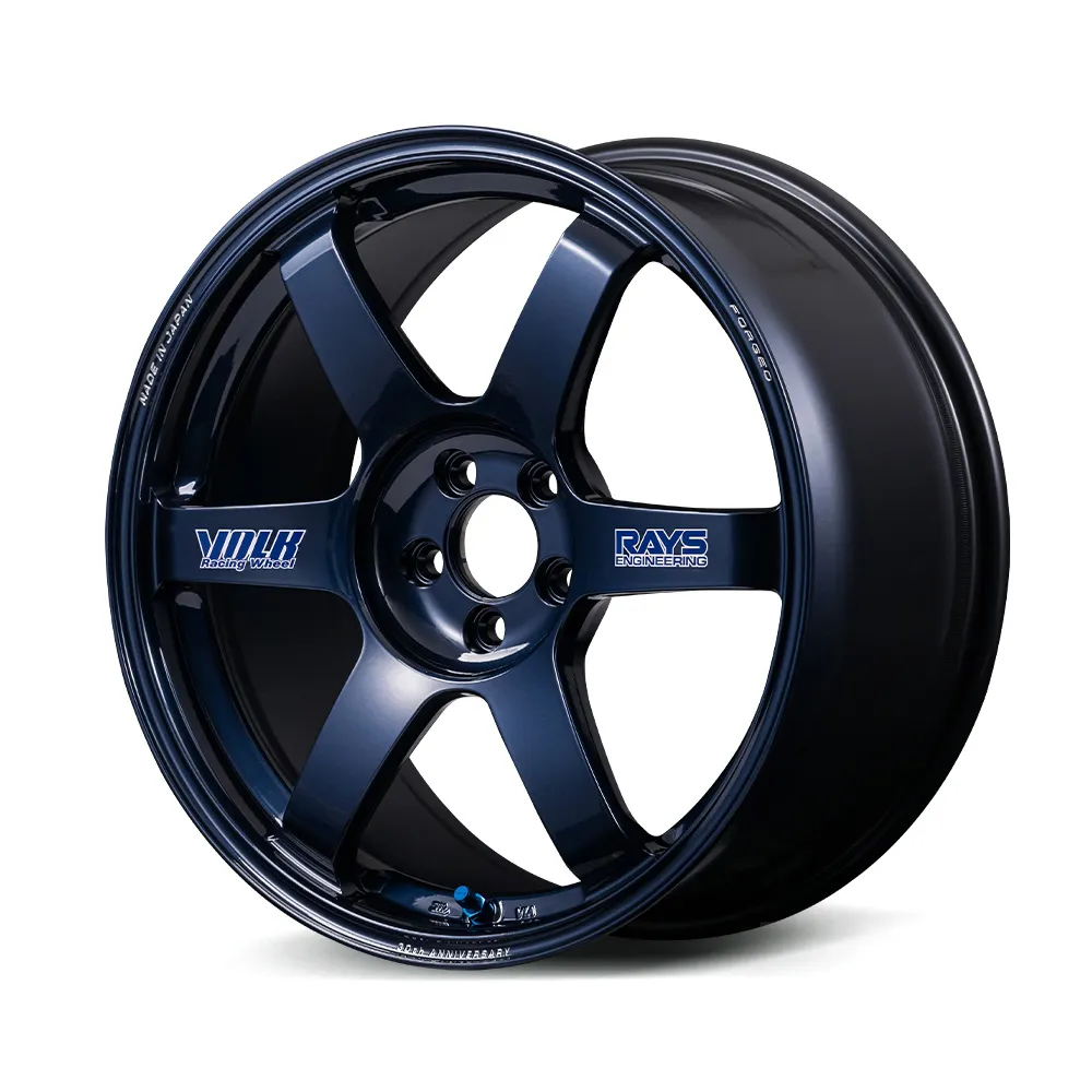RAYS VOLK RACING TE37 SAGA S-plus 30th Sticker Version wheel shown in Mag Blue finish with classic VOLK Racing and RAYS Engineering spoke decals.