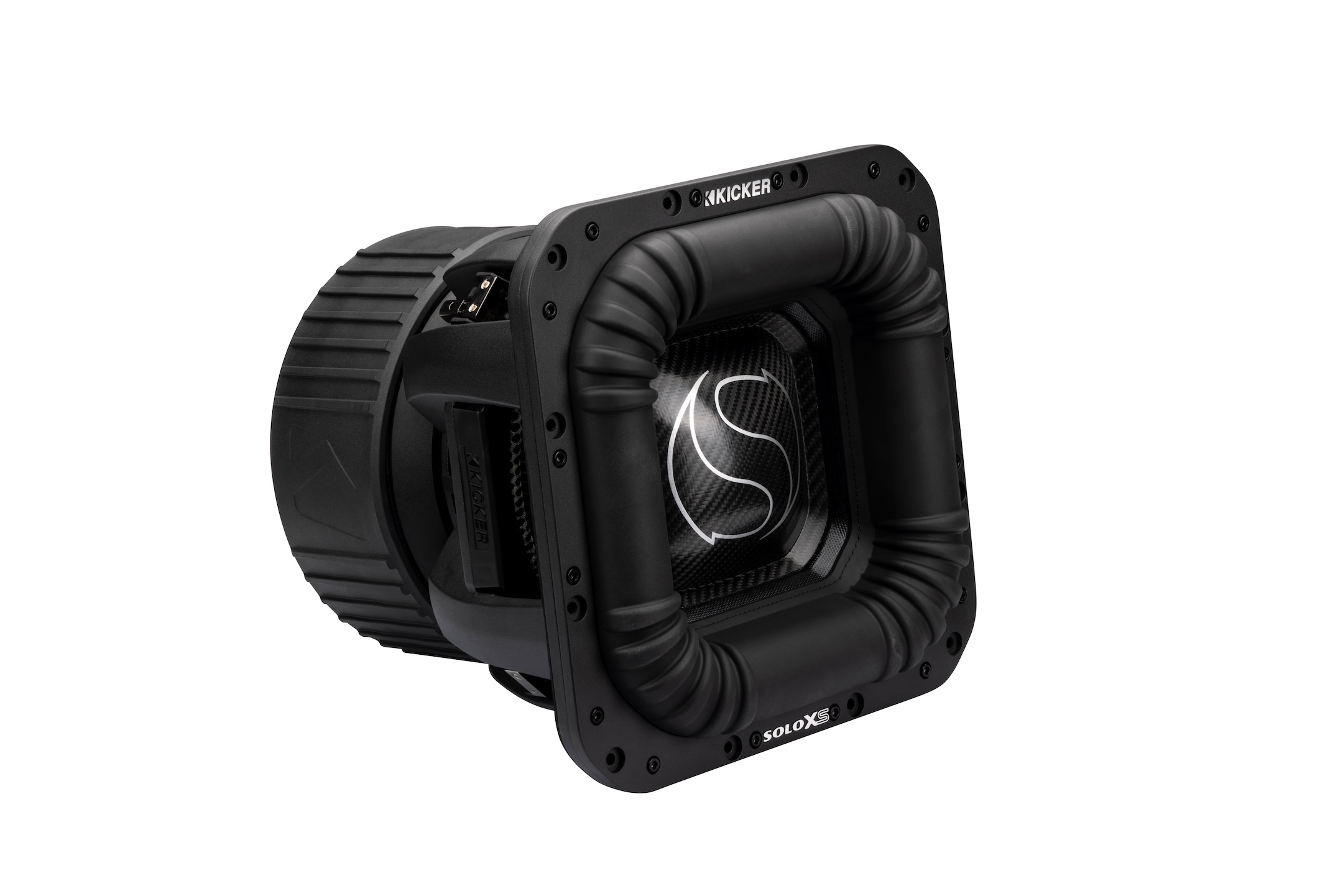 KICKER SoloXS L7XS 12-inch square subwoofer shown from the front three-quarter angle with large NBR surround and carbon-look cone.