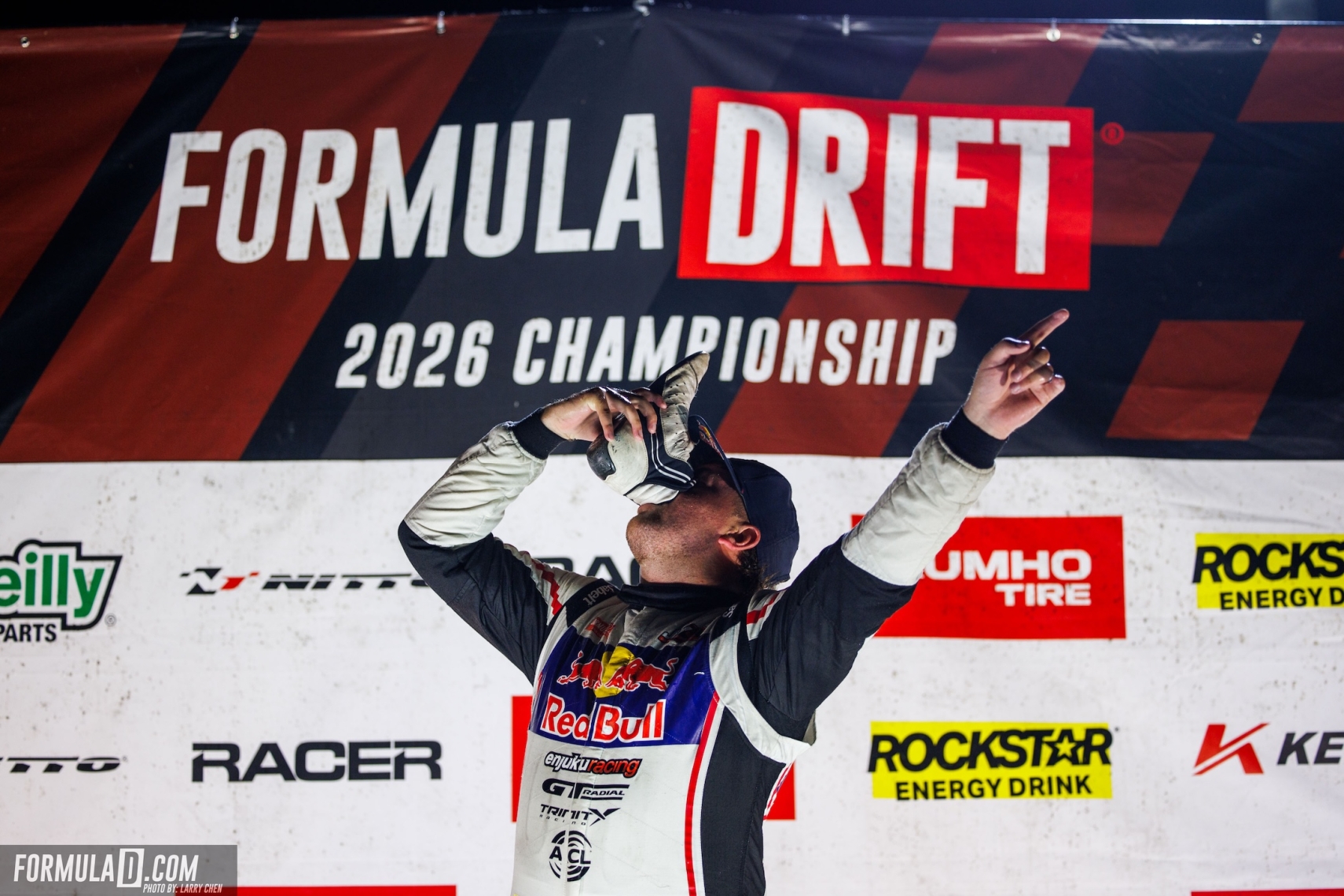 Conor Shanahan celebrates his Formula DRIFT PRO Round 6 victory at Evergreen Speedway in Seattle.