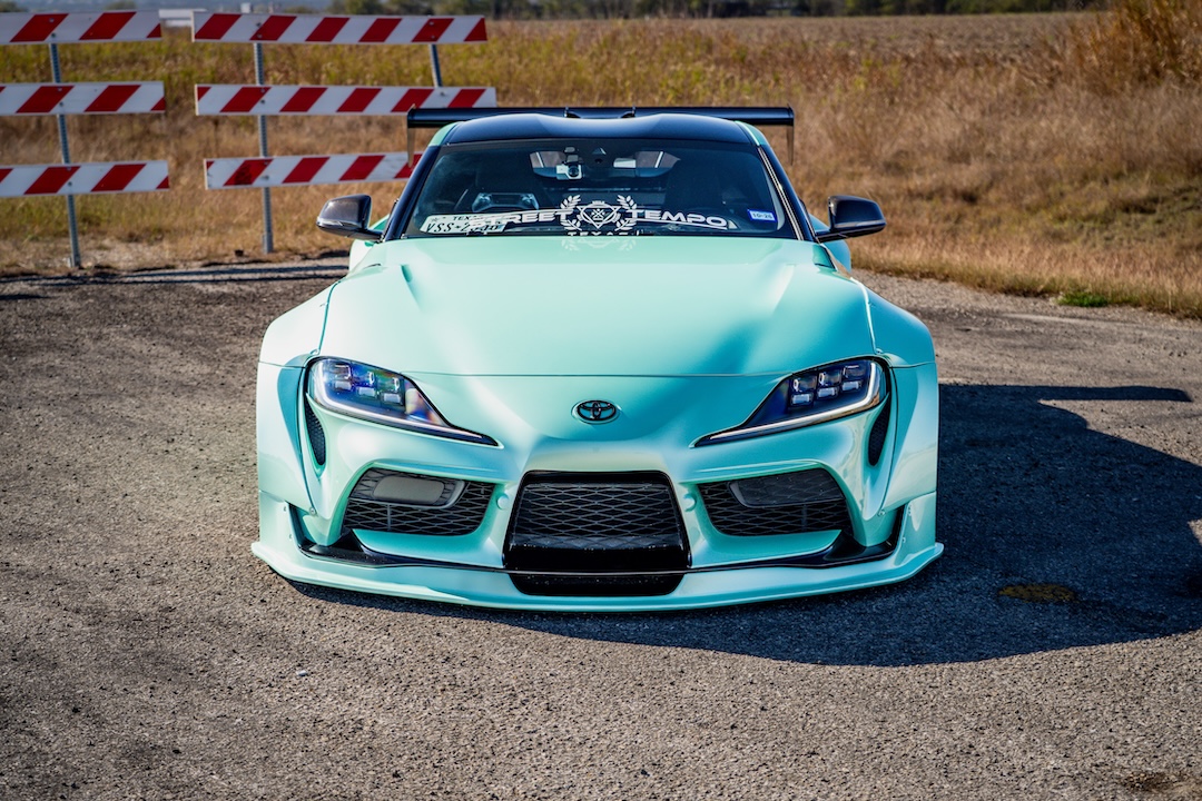 Front view of Bryan Miguel’s 2021 Toyota GR Supra showing its Pandem bodywork and Pearl Neon Mint finish.