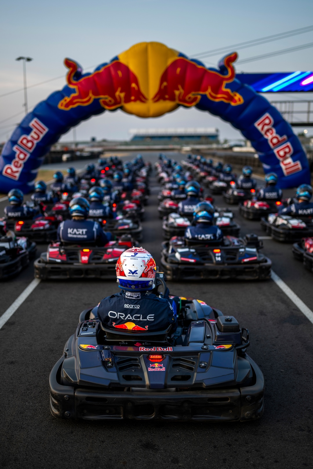 Max Verstappen lines up at the back of the 100-driver kart field for Red Bull Max vs 100 at Silverstone Circuit.