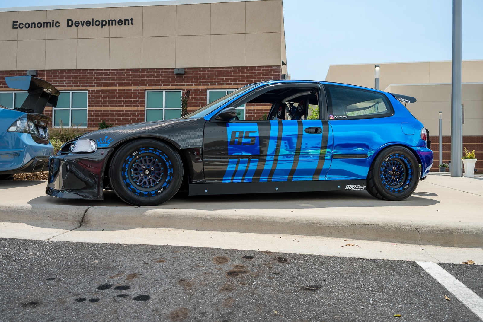 Blue and carbon fiber Honda Civic on display at Daikoku Tensei Style 2026 in Hickory, North Carolina.