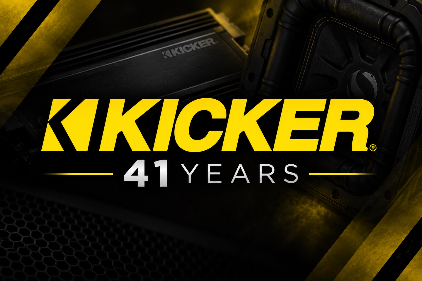 KICKER 41 Years graphic featuring KICKER car audio equipment, marking Jeanne Snyder’s retirement after 41 years with the company.