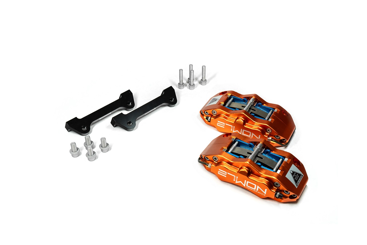 27WON 4-piston front brake caliper upgrade kit with calipers, mounting brackets and installation hardware.