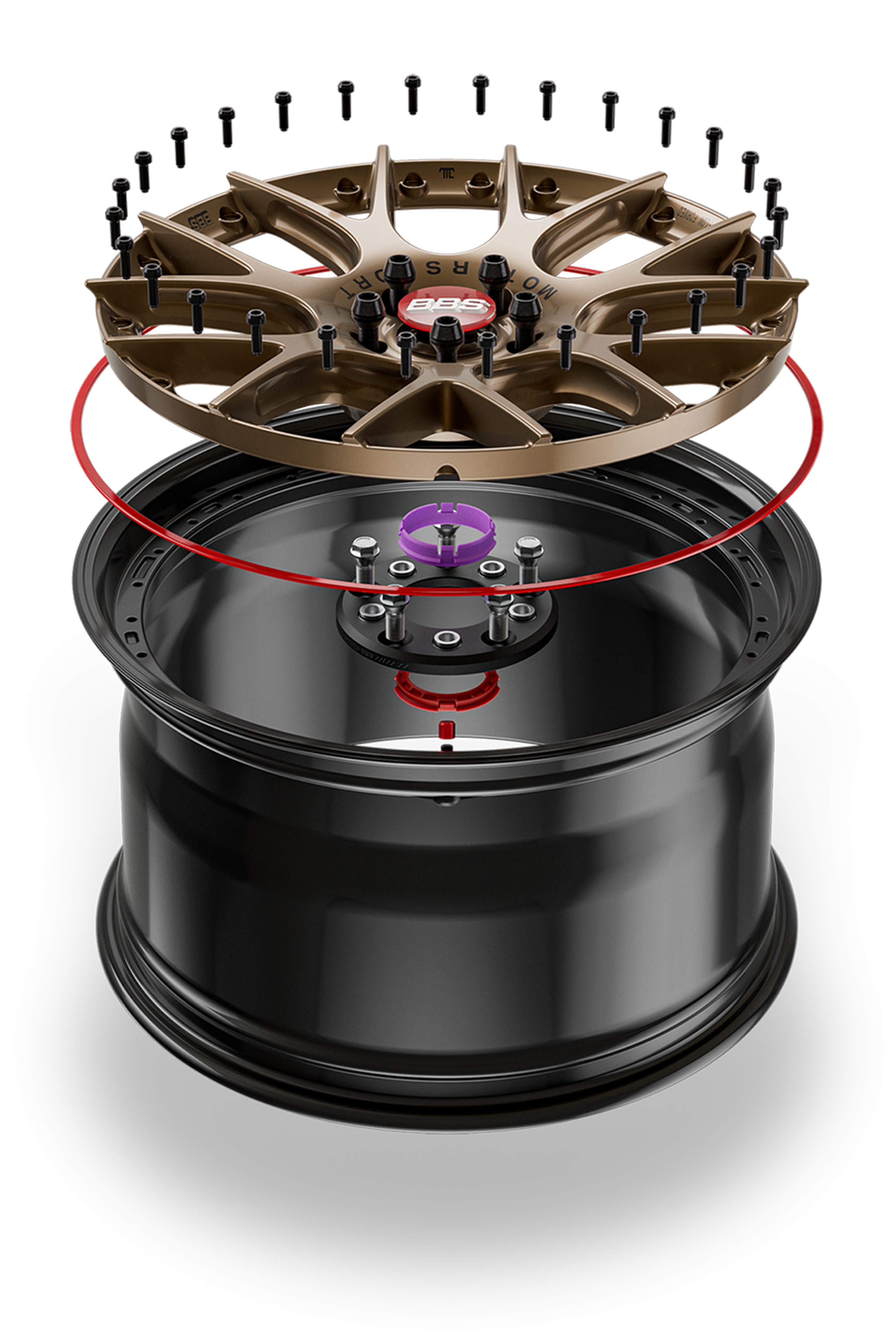 Exploded view of the BBS Unlimited wheel system showing the wheel center, rim barrel, mounting hardware and vehicle-specific adapter components.