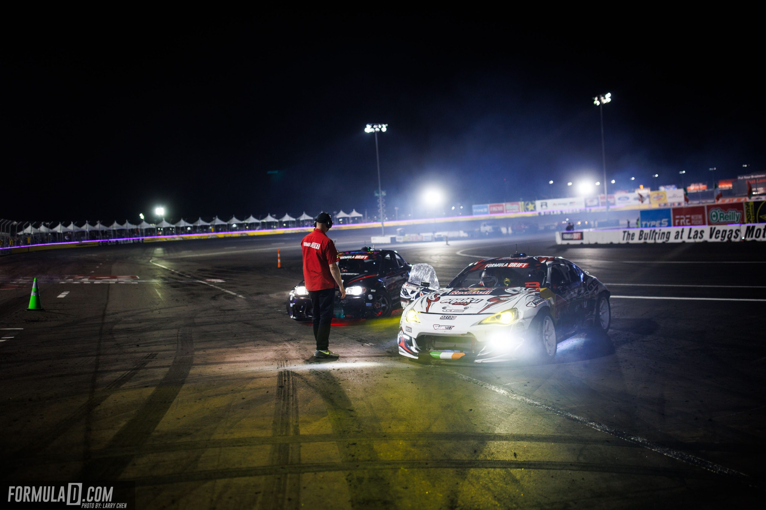 Conor Shanahan and Jack Shanahan on track during Formula Drift Round 7 at Las Vegas Motor Speedway.
