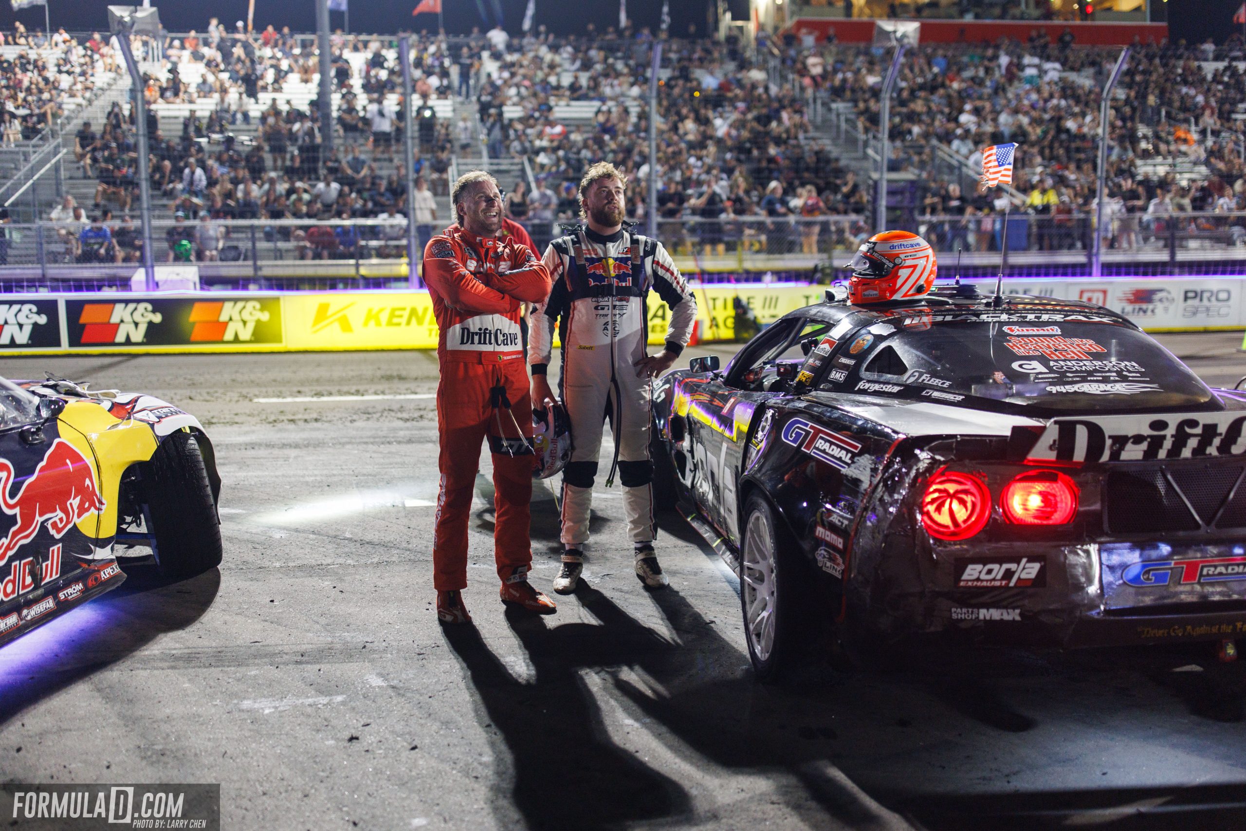 Conor Shanahan and Matt Field after the Formula Drift Round 7 final at Las Vegas Motor Speedway.
