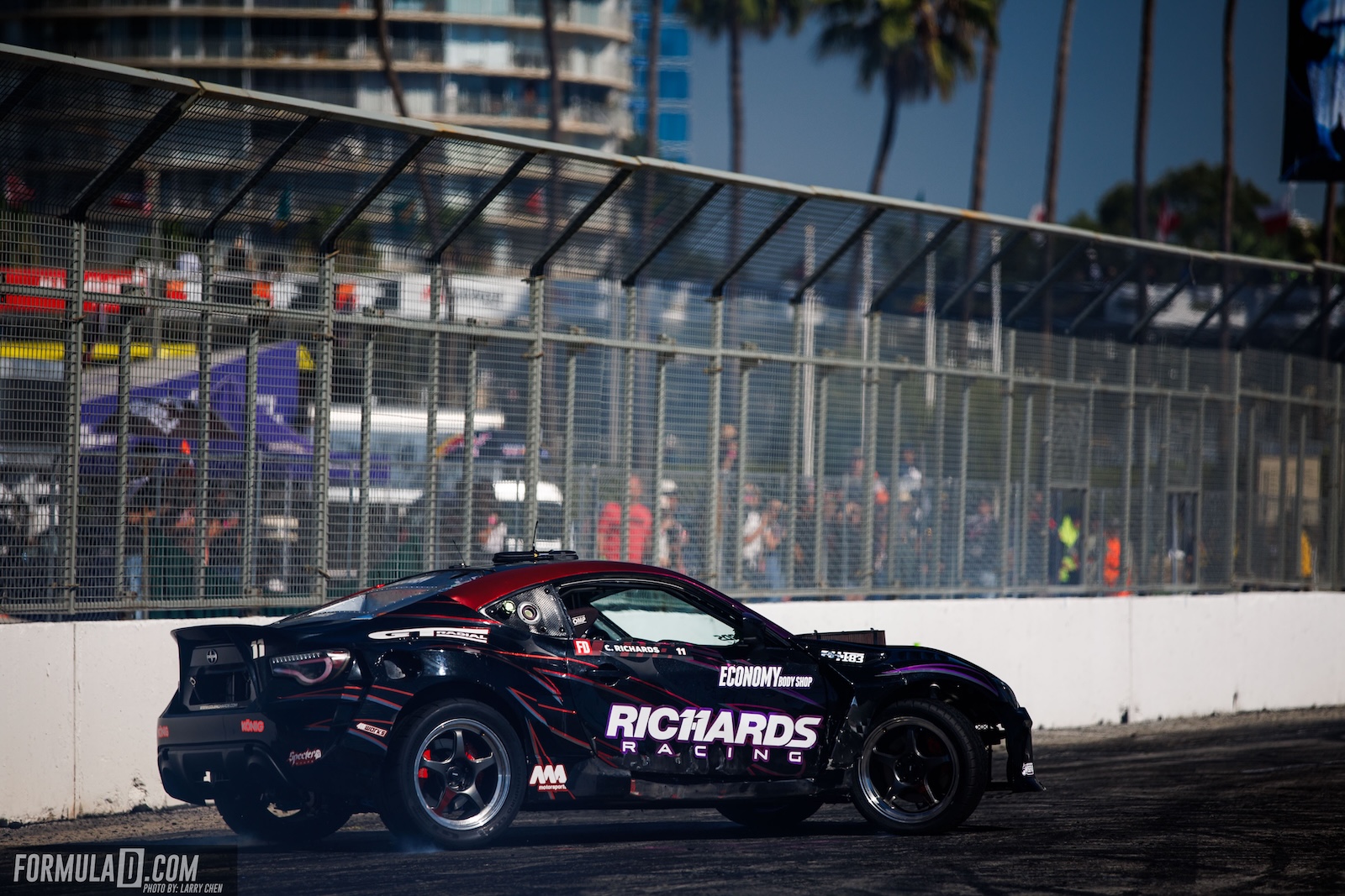 Cole Richards' Richards Racing Toyota GR86 on track at the 2026 Formula Drift PRO season finale in Long Beach, California.