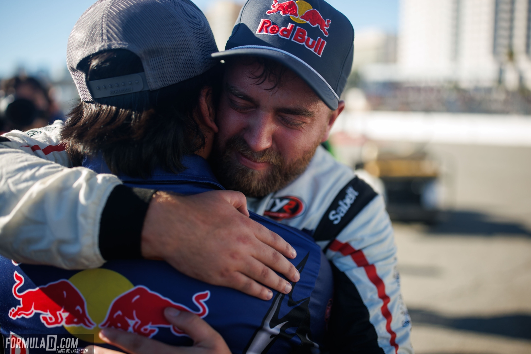 2026 Formula Drift PRO Champion Conor Shanahan shares an emotional embrace following his championship-clinching victory at the season finale in Long Beach, California.