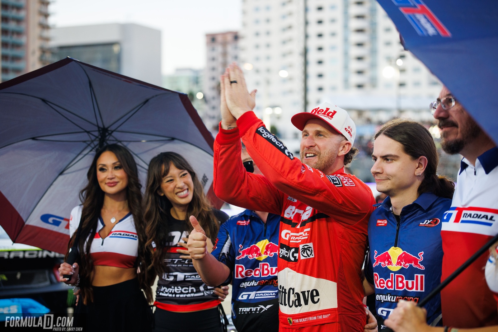 Matt Field celebrates with a high-five during the 2026 Formula Drift PRO season finale in Long Beach, California.