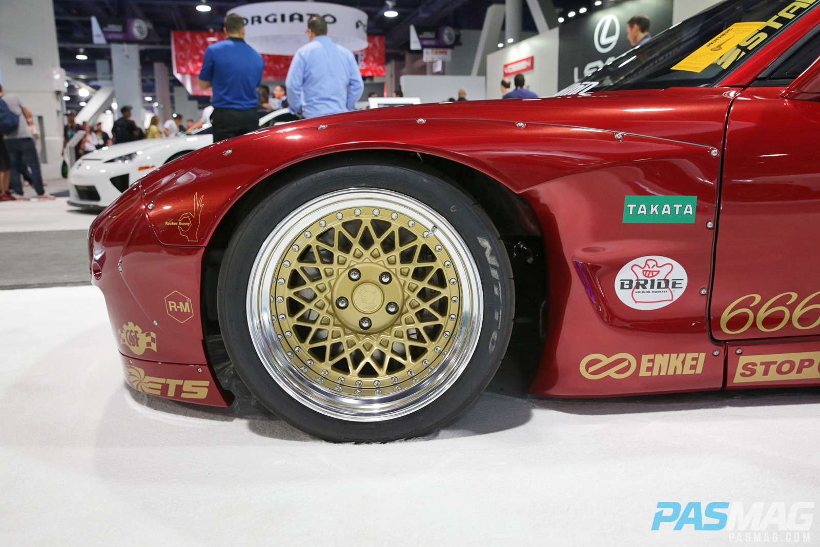PASMAG SEMA 2014 Mazda RX7 Enkei 6666 Rocket Bunny Jim Pan Tuner Galleria Takata Bride Stoptech front wheel