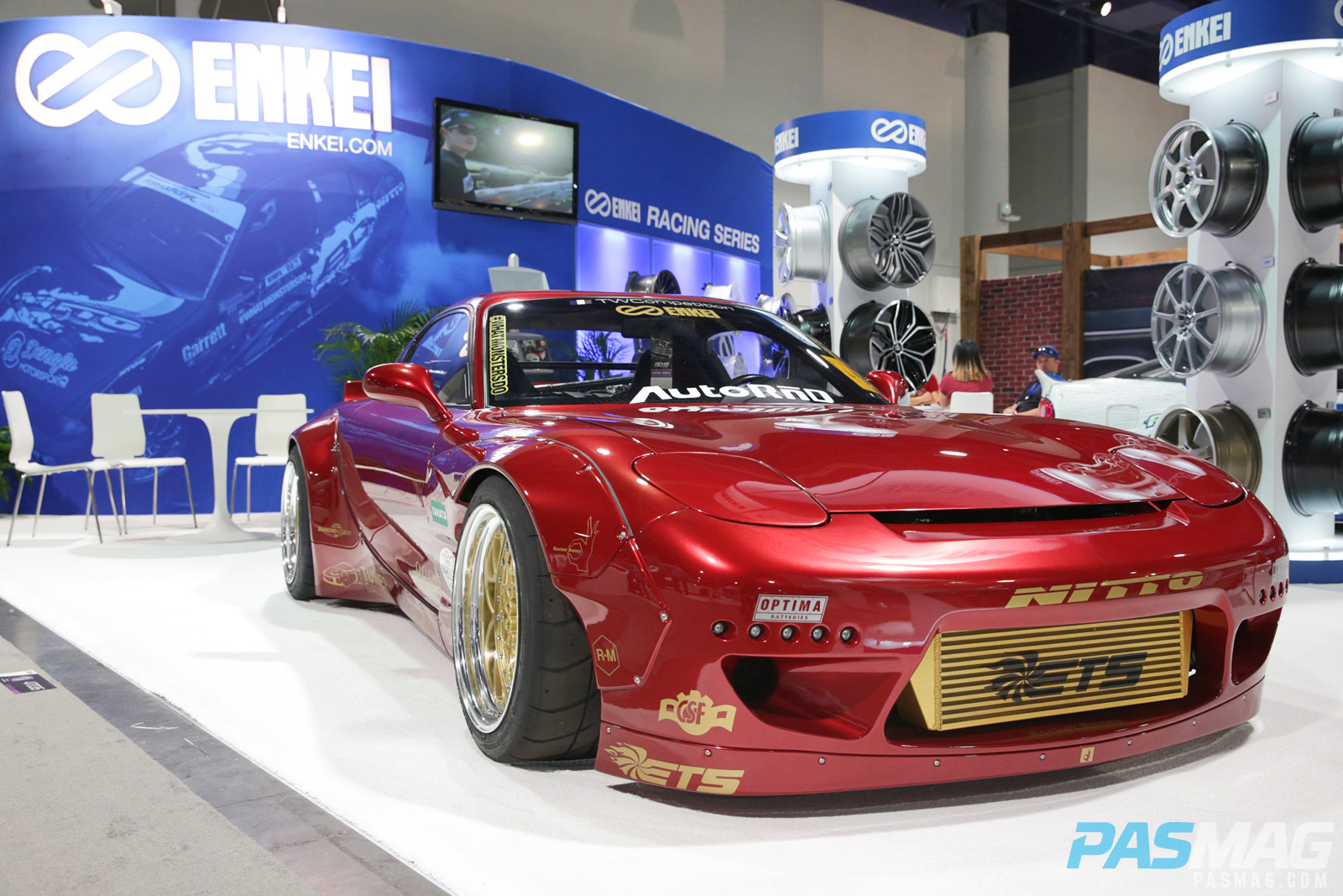PASMAG SEMA 2014 Mazda RX7 Enkei 6666 Rocket Bunny Jim Pan Tuner Galleria Takata Bride Stoptech frontal